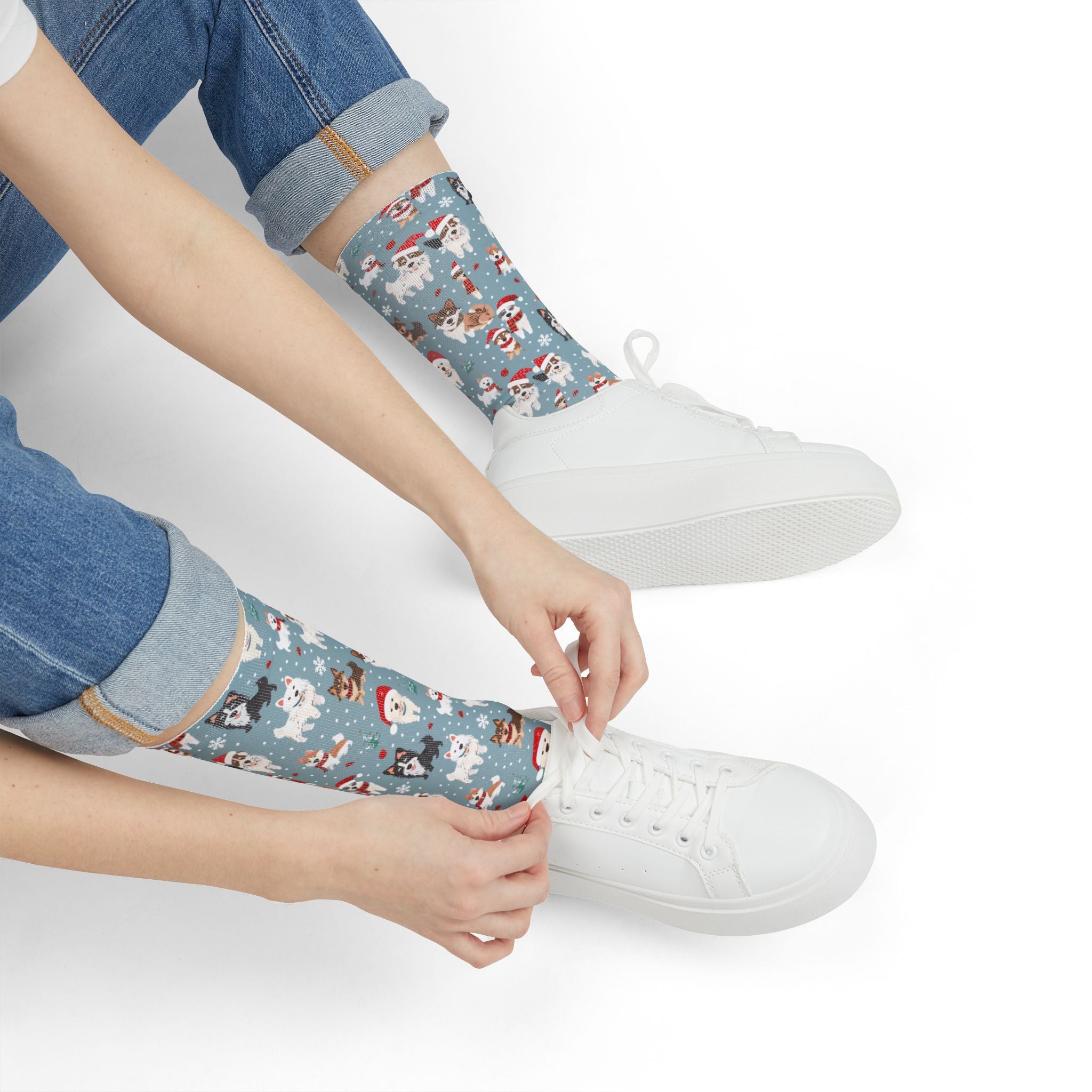 Christmas Dog Pattern Crew Socks — Holiday Huskies & Santa Pups Sublimation Socks