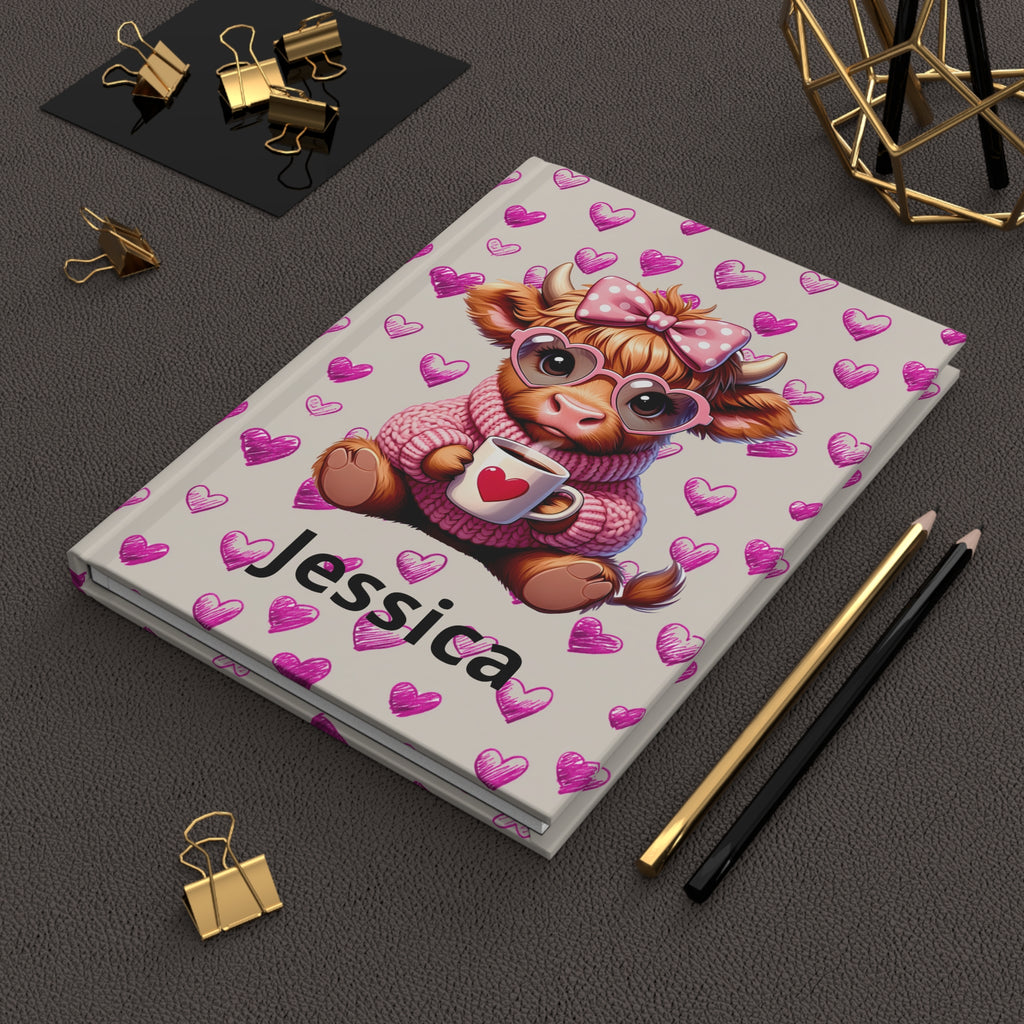 Personalized Highland Cow with Hearts Hardcover Journal, Custom Valentines Diary Notebook
