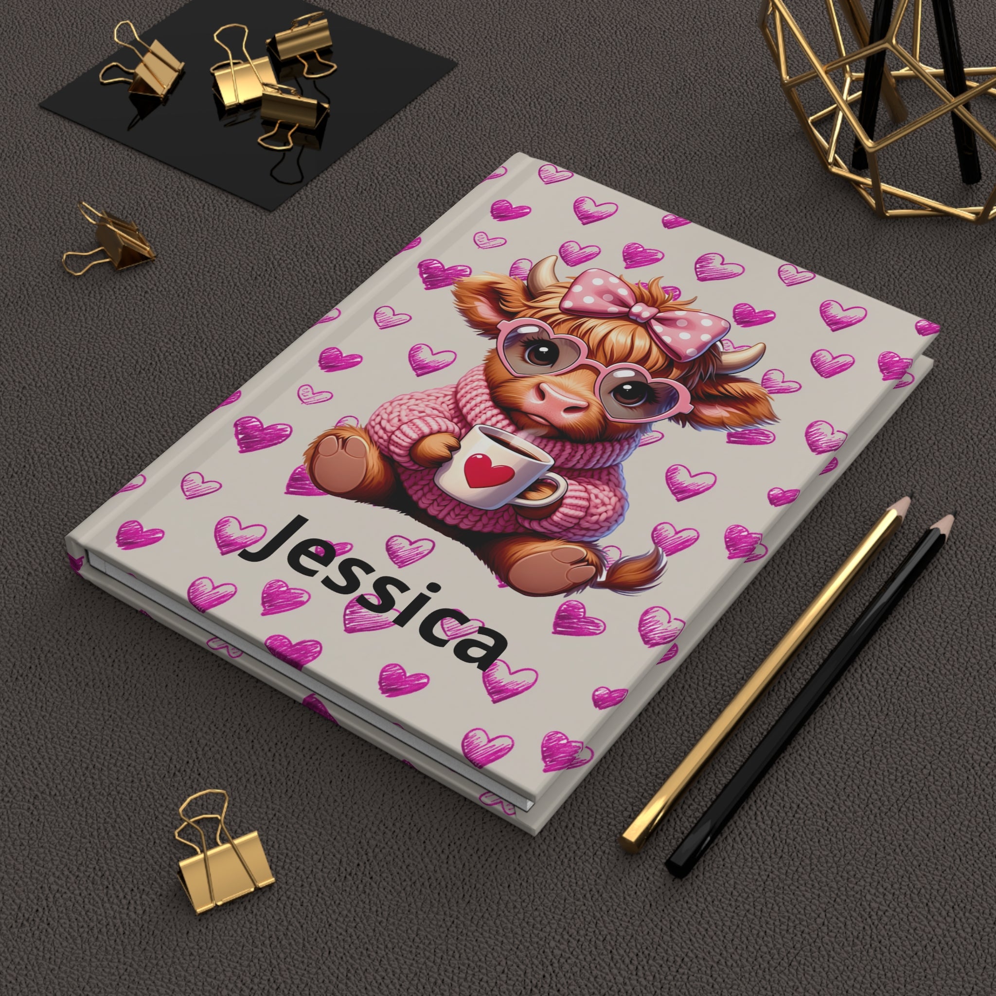 Personalized Highland Cow with Hearts Hardcover Journal, Custom Valentines Diary Notebook