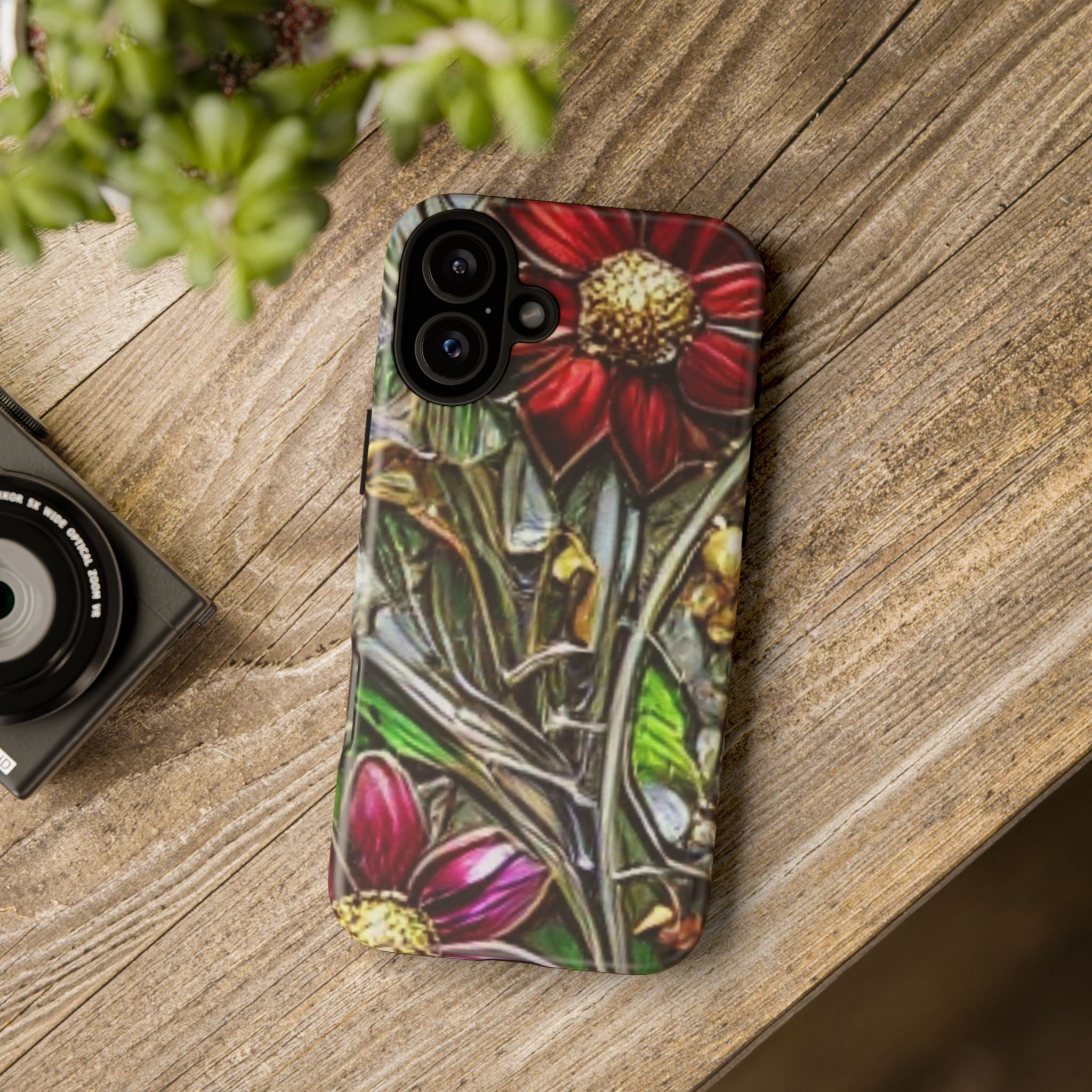 Floral Stained Glass Phone Case – Metallic Red & Purple Flower Design