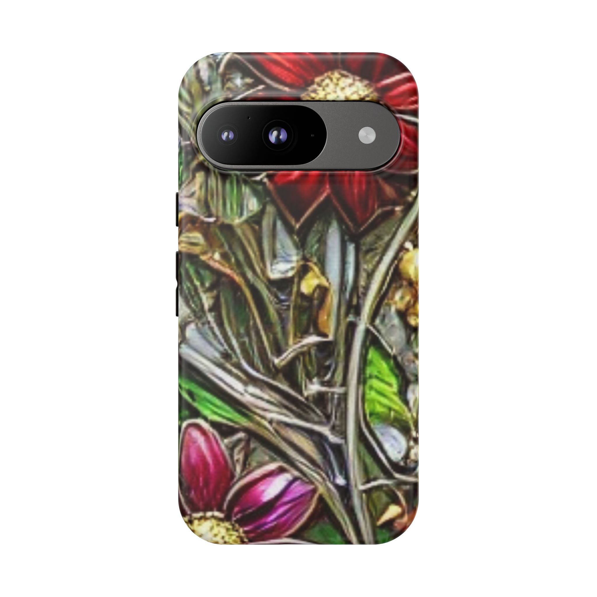 Floral Stained Glass Phone Case – Metallic Red & Purple Flower Design