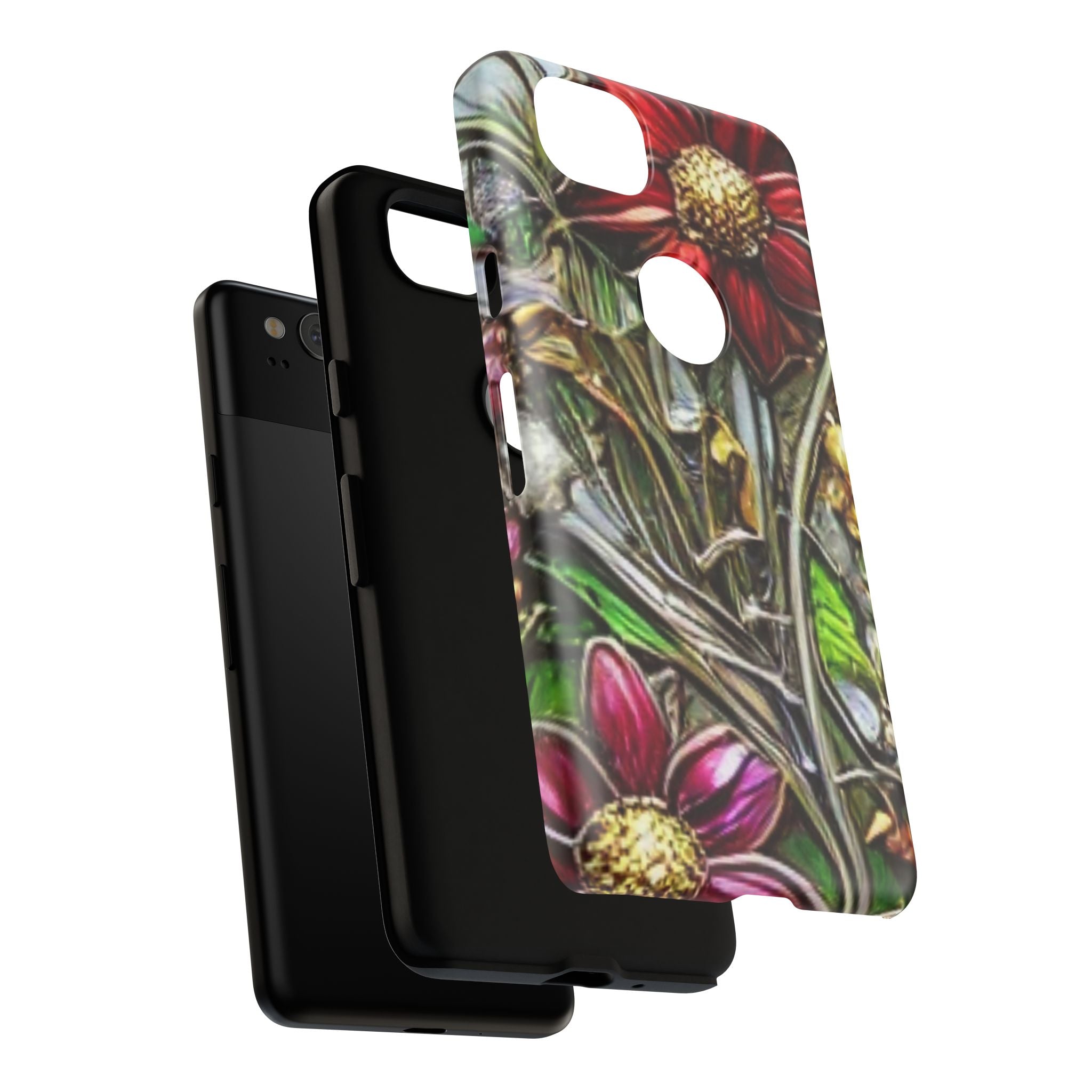 Floral Stained Glass Phone Case – Metallic Red & Purple Flower Design