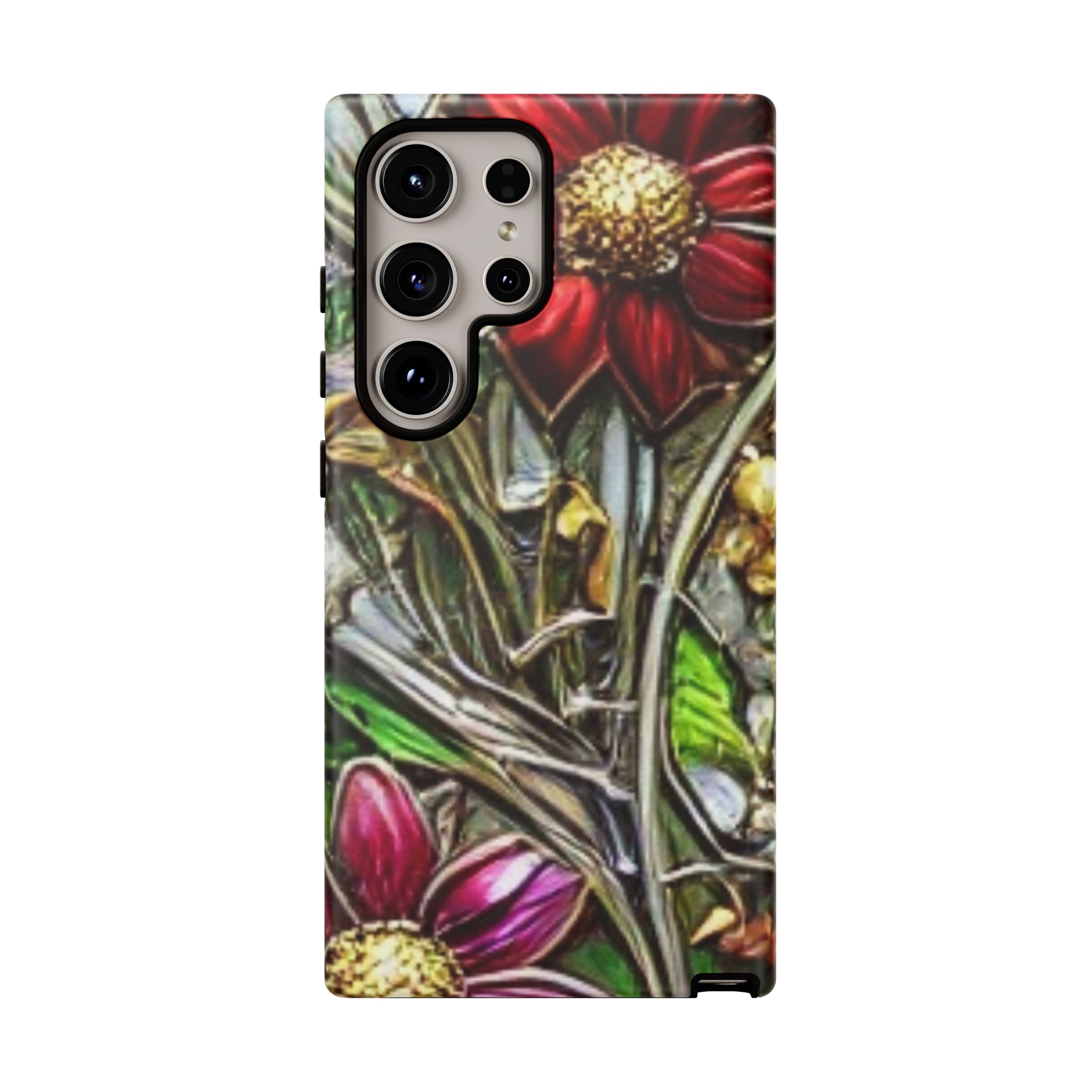 Floral Stained Glass Phone Case – Metallic Red & Purple Flower Design