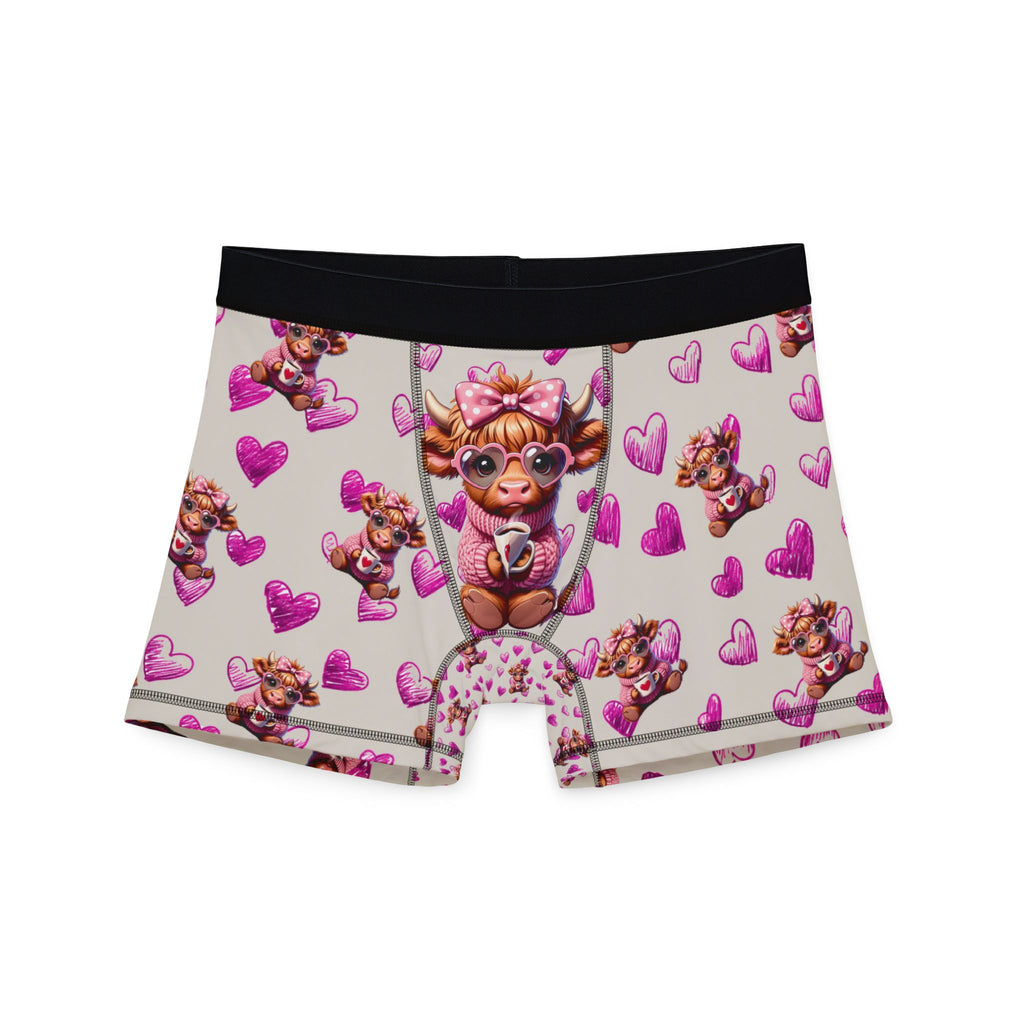 Highland Cow Pink Hearts Boxer Shorts, Valentines Mens Boxers Underwear