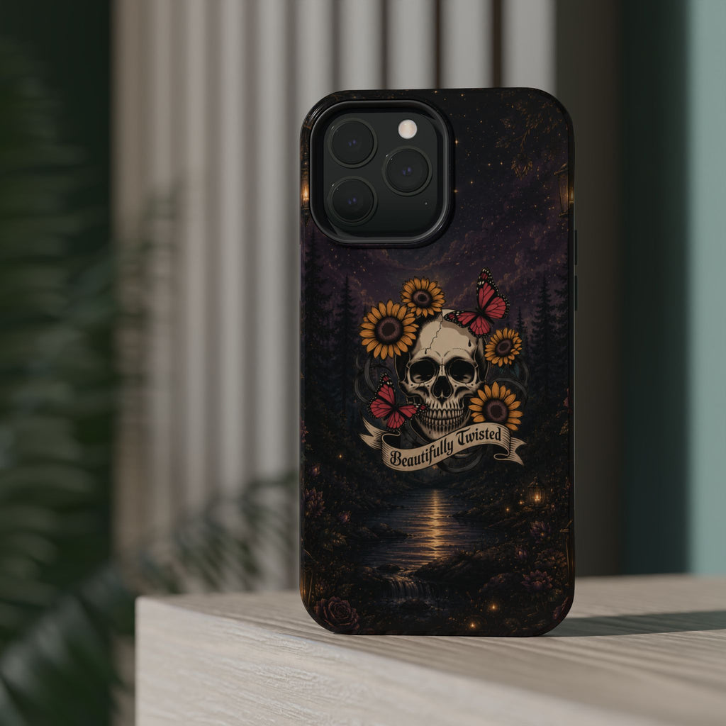 Skull, Sunflowers & Butterflies Phone Case – "Beautifully Twisted" MagSafe Cover