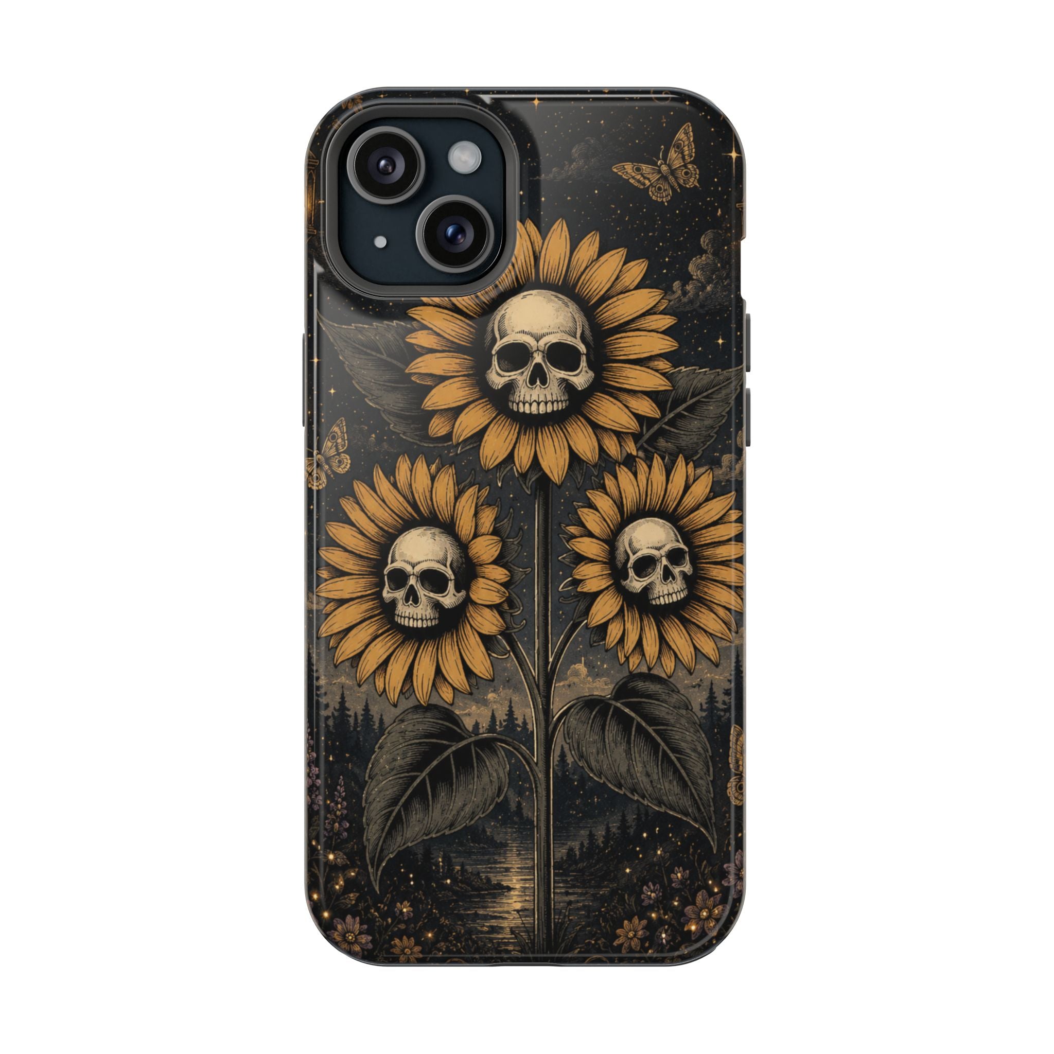 Skull Sunflowers Phone Case – Dark Floral MagSafe-Compatible Cover