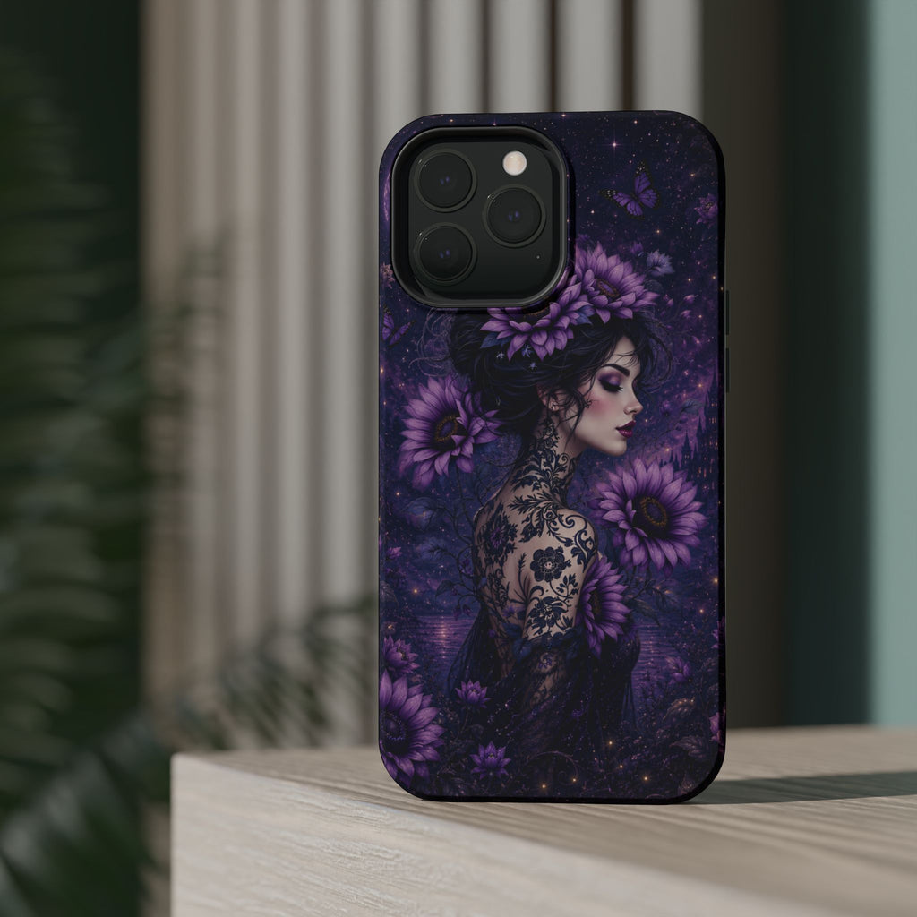 Gothic Floral Woman Phone Case – Dark Botanical MagSafe-Compatible Cover