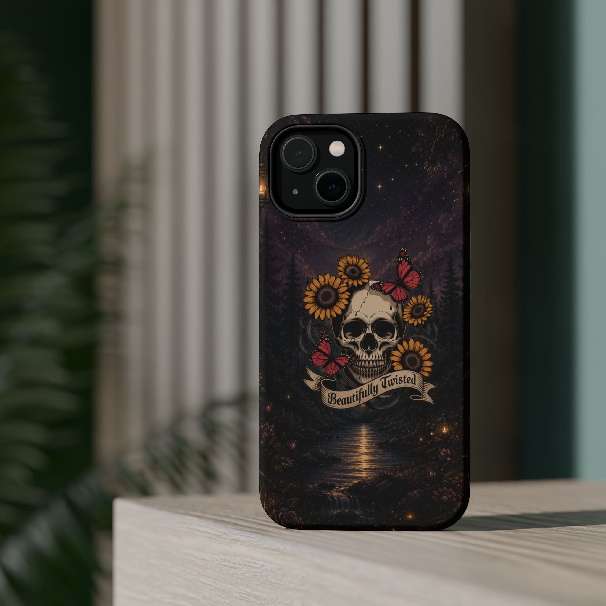 Skull, Sunflowers & Butterflies Phone Case – "Beautifully Twisted" MagSafe Cover
