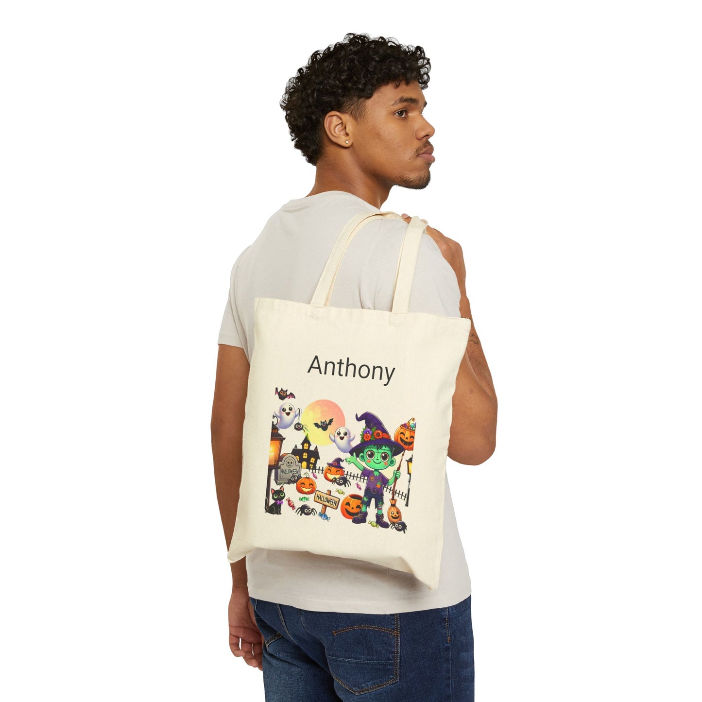 Personalized Trick or Treat Bag, Cute Ghost Pumpkin Halloween Candy Bag, Custom Customization Trick-Or-Treat, Cotton Canvas Tote Bag