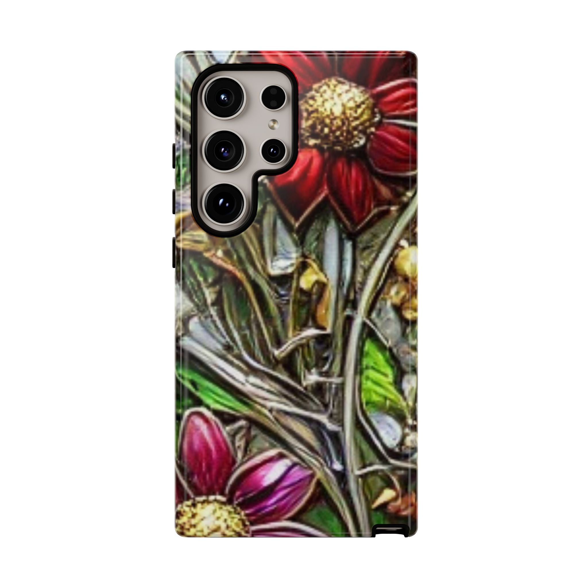 Floral Stained Glass Phone Case – Metallic Red & Purple Flower Design