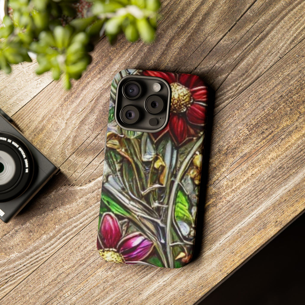 Floral Stained Glass Phone Case – Metallic Red & Purple Flower Design