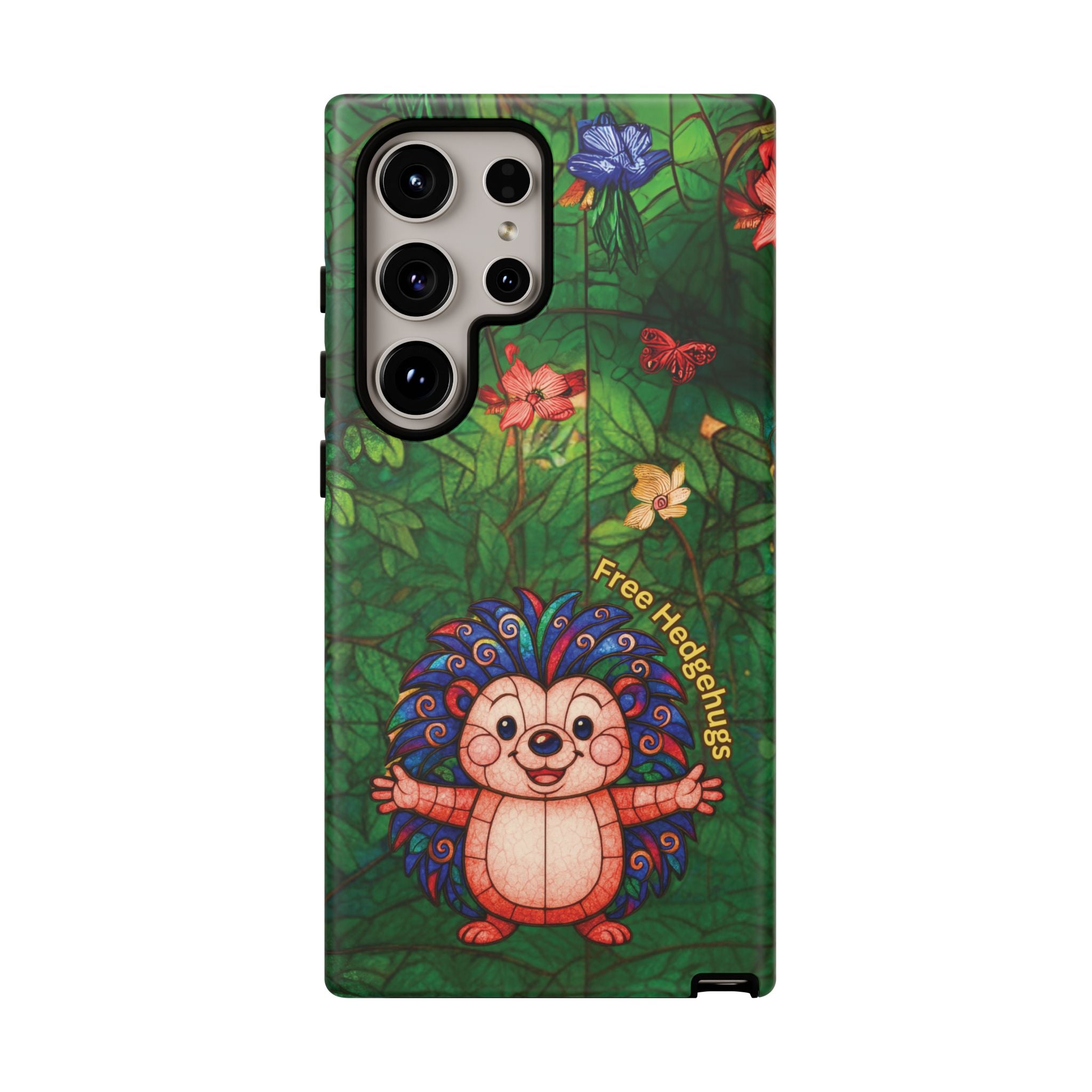 Stained Glass Hedgehog Phone Case – "Free Hedgehugs" Floral Design
