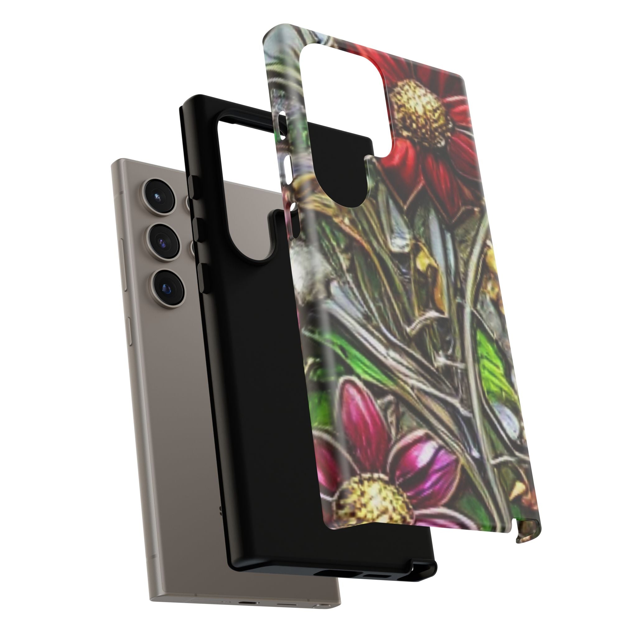 Floral Stained Glass Phone Case – Metallic Red & Purple Flower Design