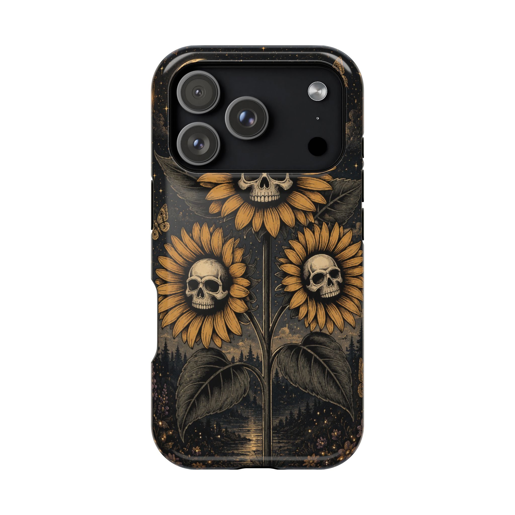 Skull Sunflowers Phone Case – Dark Floral MagSafe-Compatible Cover