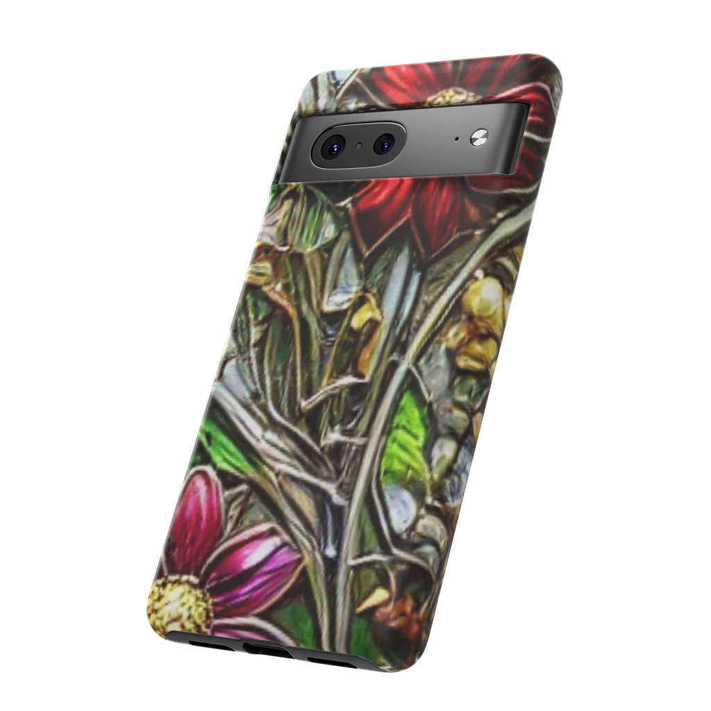 Floral Stained Glass Phone Case – Metallic Red & Purple Flower Design