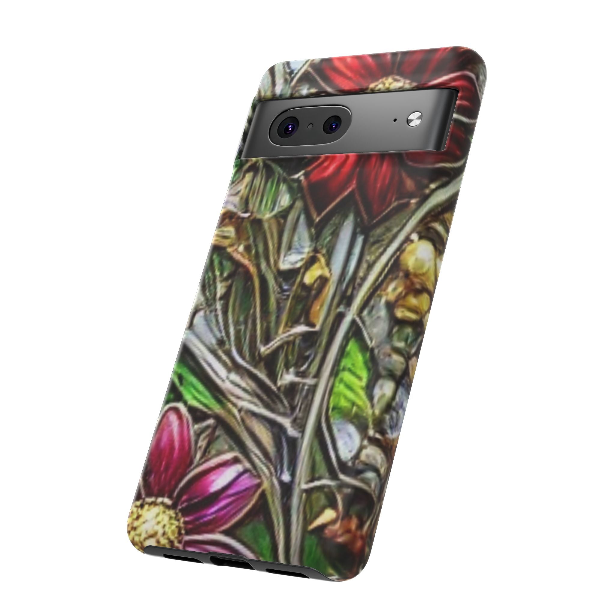 Floral Stained Glass Phone Case – Metallic Red & Purple Flower Design