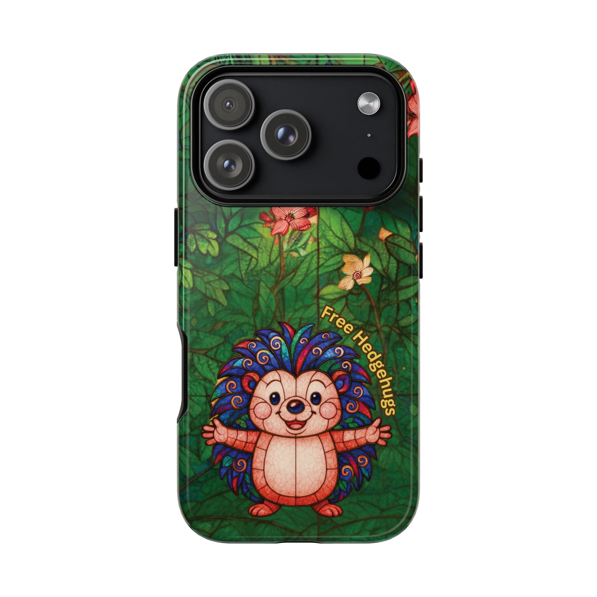 Stained Glass Hedgehog Phone Case – "Free Hedgehugs" Floral Design