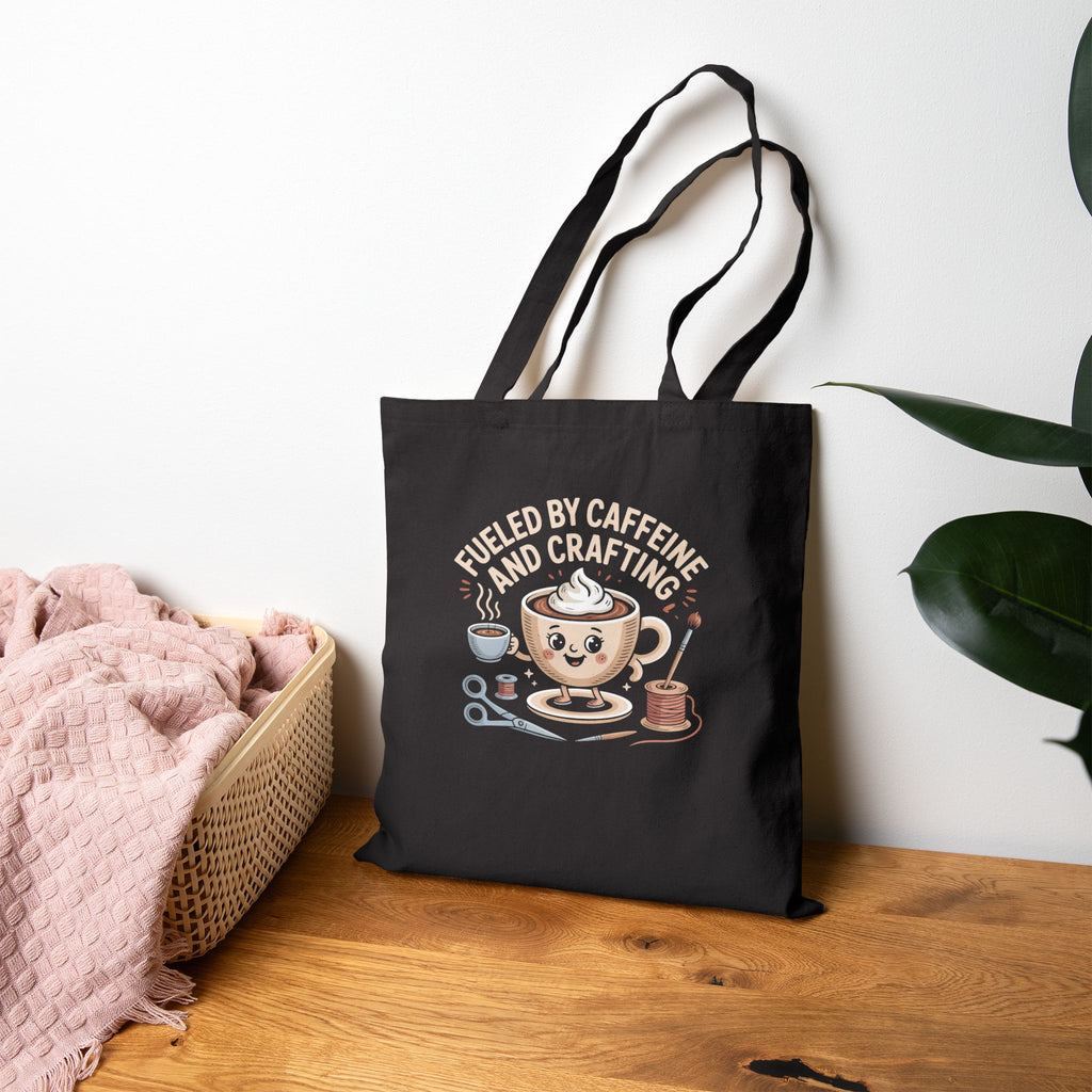 Fueled By Caffeine and Crafting Cotton Canvas Tote Bag, Black or Neutral Color, Reusable Grocery Bag, Crafting Group Matching Totes