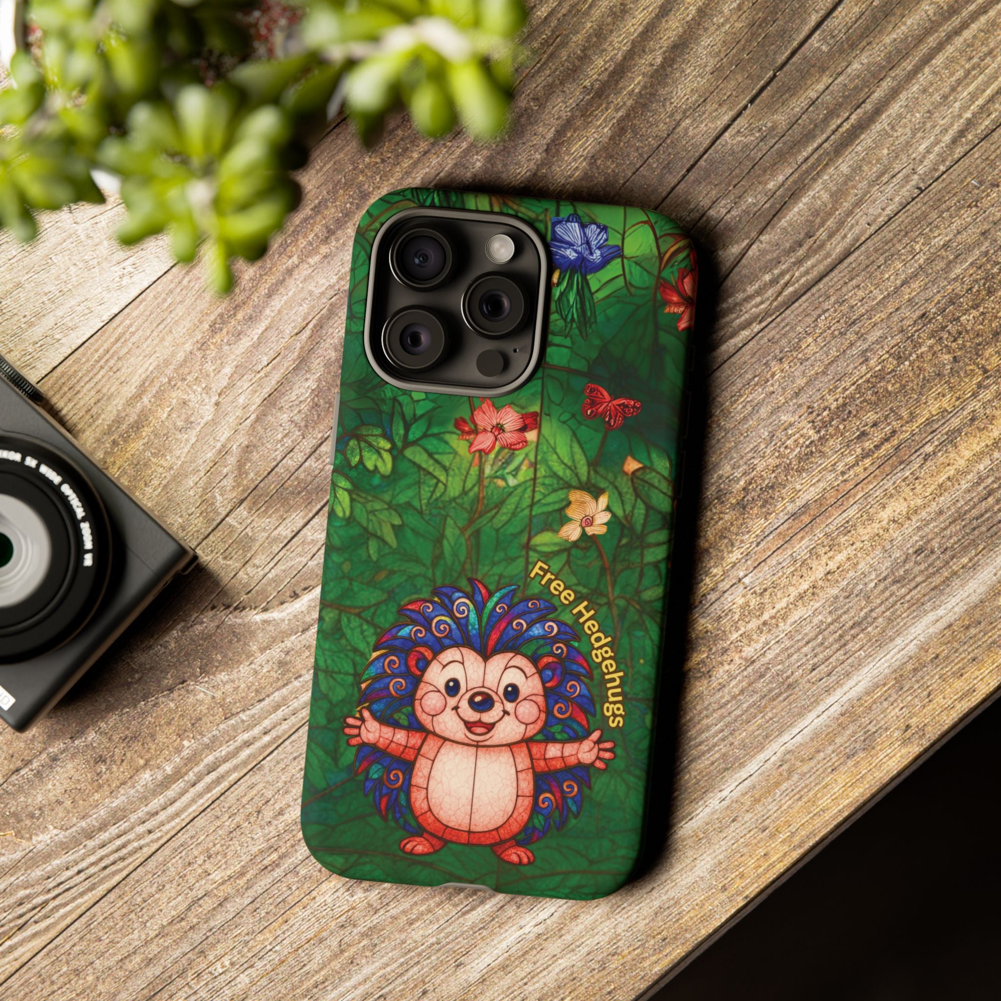 Stained Glass Hedgehog Phone Case – "Free Hedgehugs" Floral Design