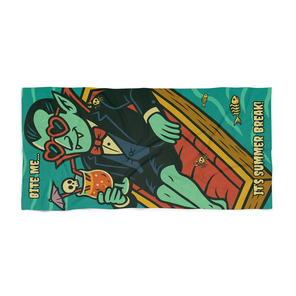 Summerween "Bite Me" Relaxing Vampire Beach Towel — Spooky Summer Vibes | Funny Halloween Pool Party Gift for Surfers & Skaters