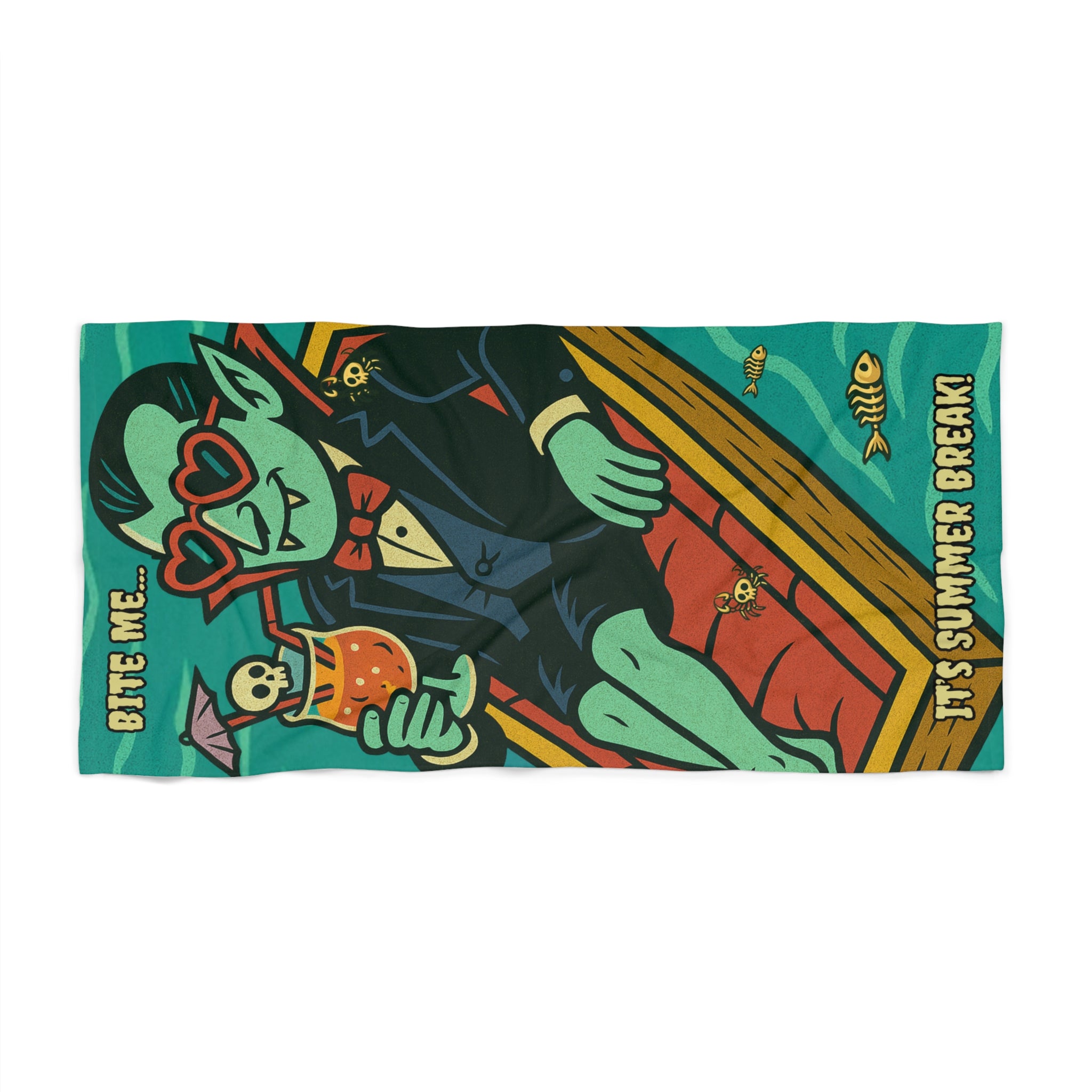 Summerween "Bite Me" Relaxing Vampire Beach Towel — Spooky Summer Vibes | Funny Halloween Pool Party Gift for Surfers & Skaters