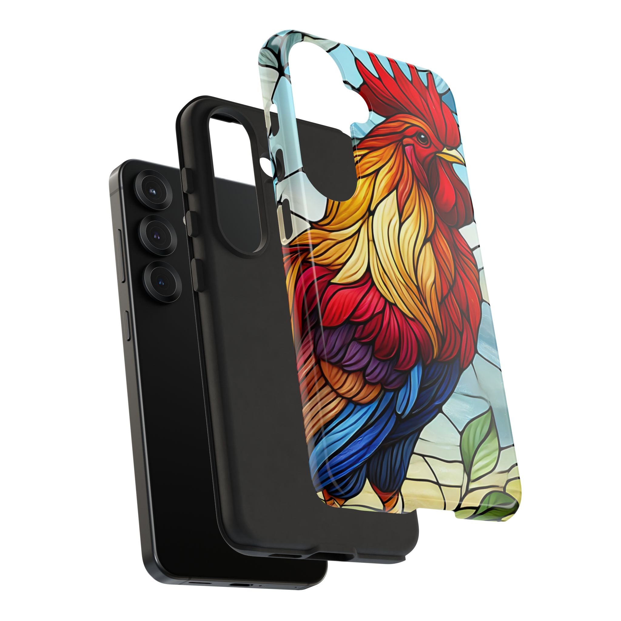 Rooster Faux Stained Glass Phone Case – 3D Full-Wrap Protective Cover with TPU Liner