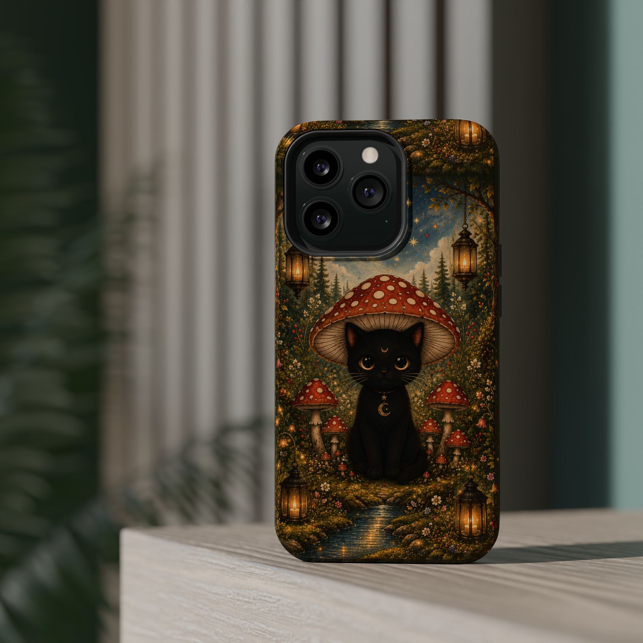 Black Cat & Mushroom Phone Case – Magical MagSafe-Compatible Cover