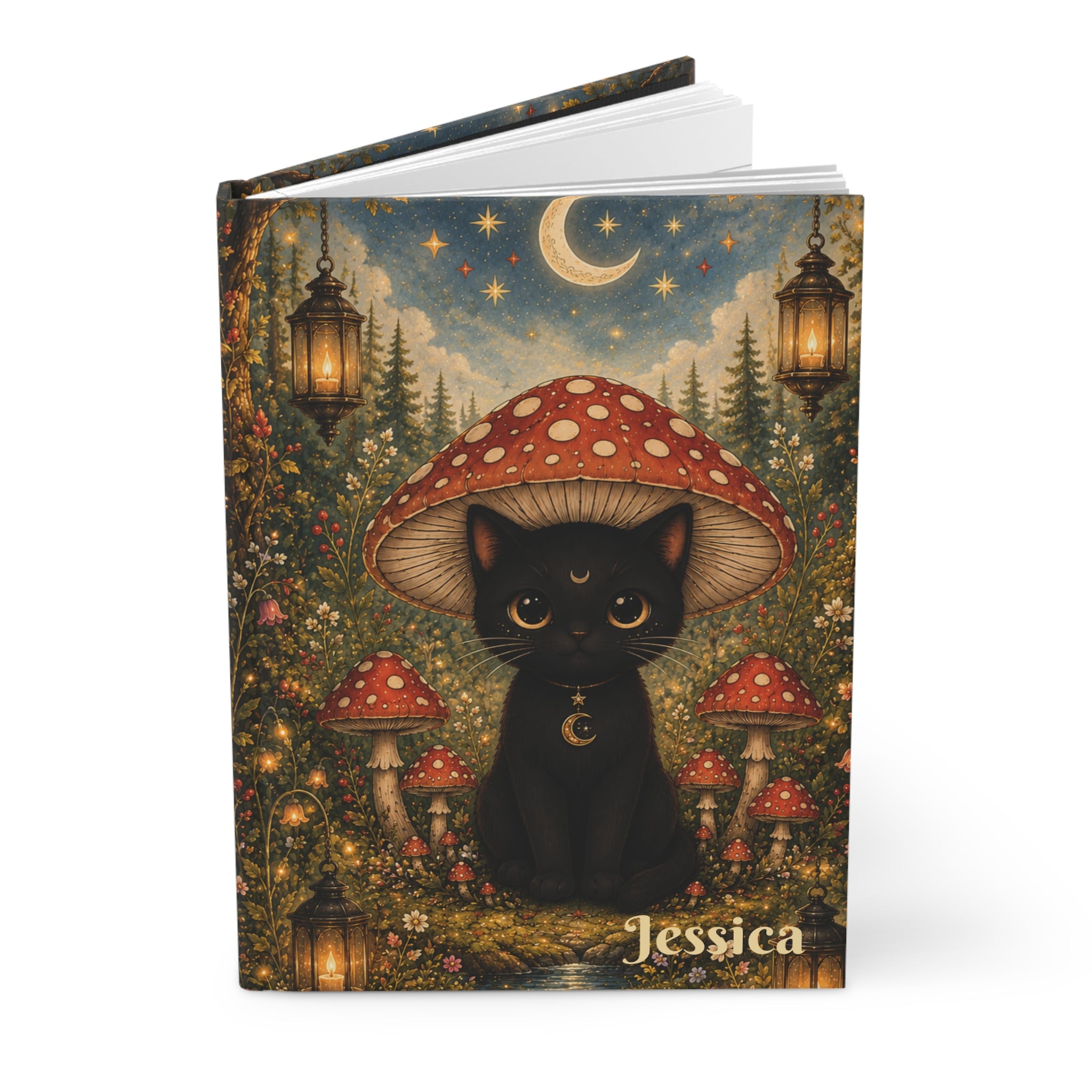 Personalized Black Cat Journal — Moonlit Mushroom Hardcover Notebook | Lined Pages, Witch Aesthetic Gift