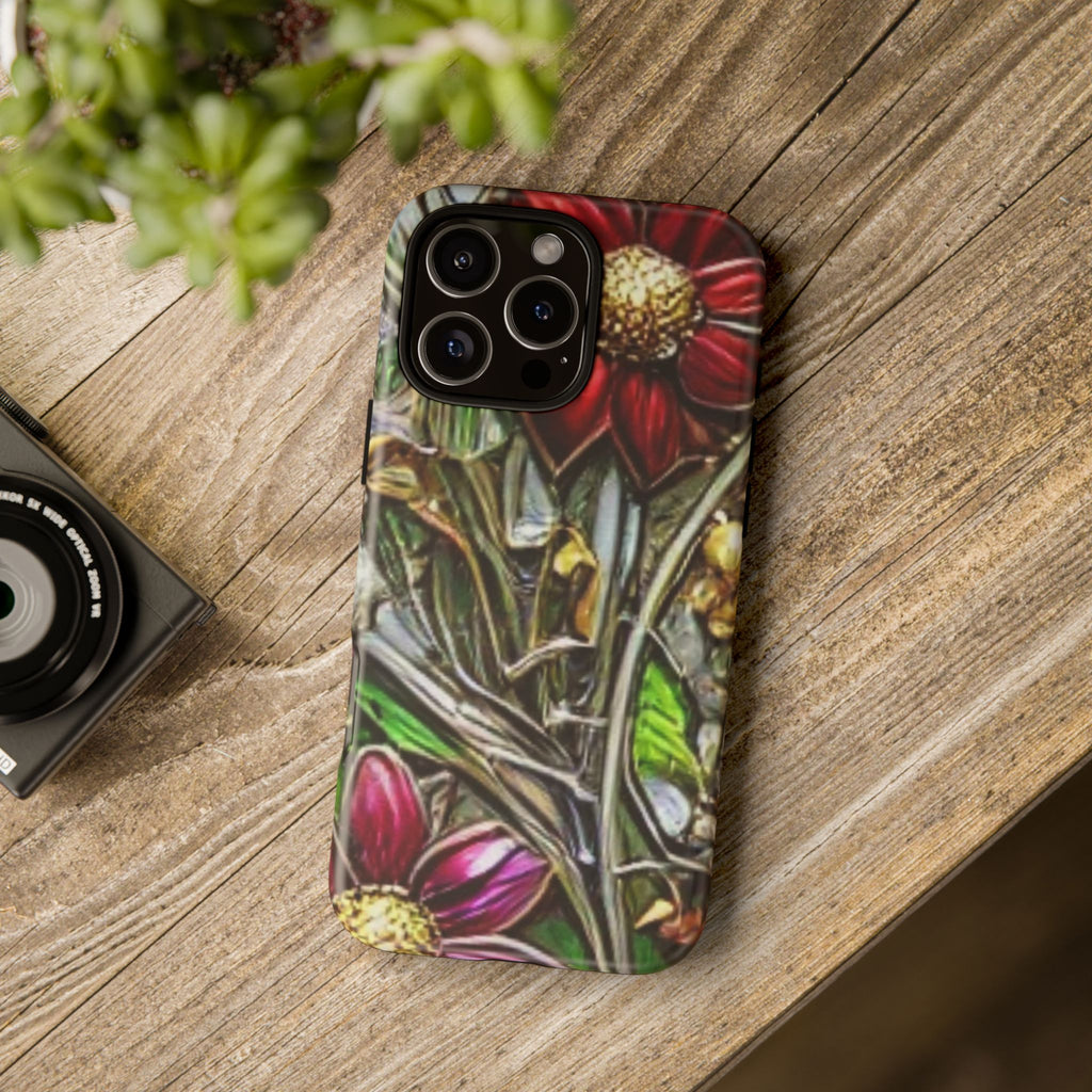 Floral Stained Glass Phone Case – Metallic Red & Purple Flower Design