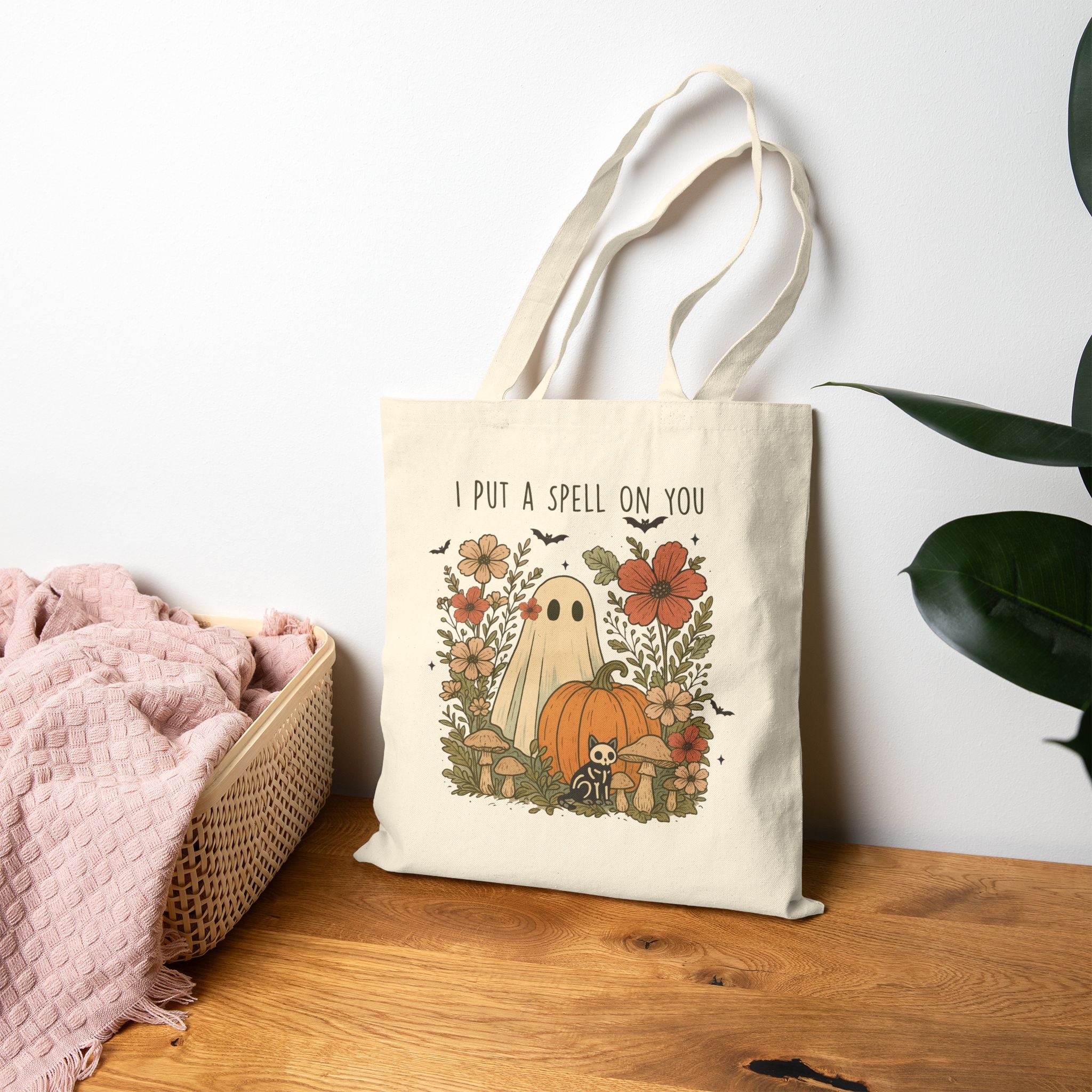 Floral Cottagecore Cotton Canvas Spooky Season Tote Bag,  Reusable Halloween Computer Bag, Cozy Fall Themed Teacher Gift, Trick-or-treat bag