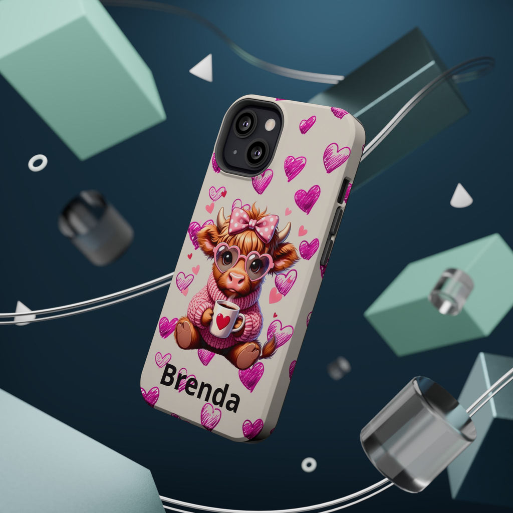 Highland Cow With Pink Hearts iPhone Case, Valentines Magnetic Impact-Resistant Case