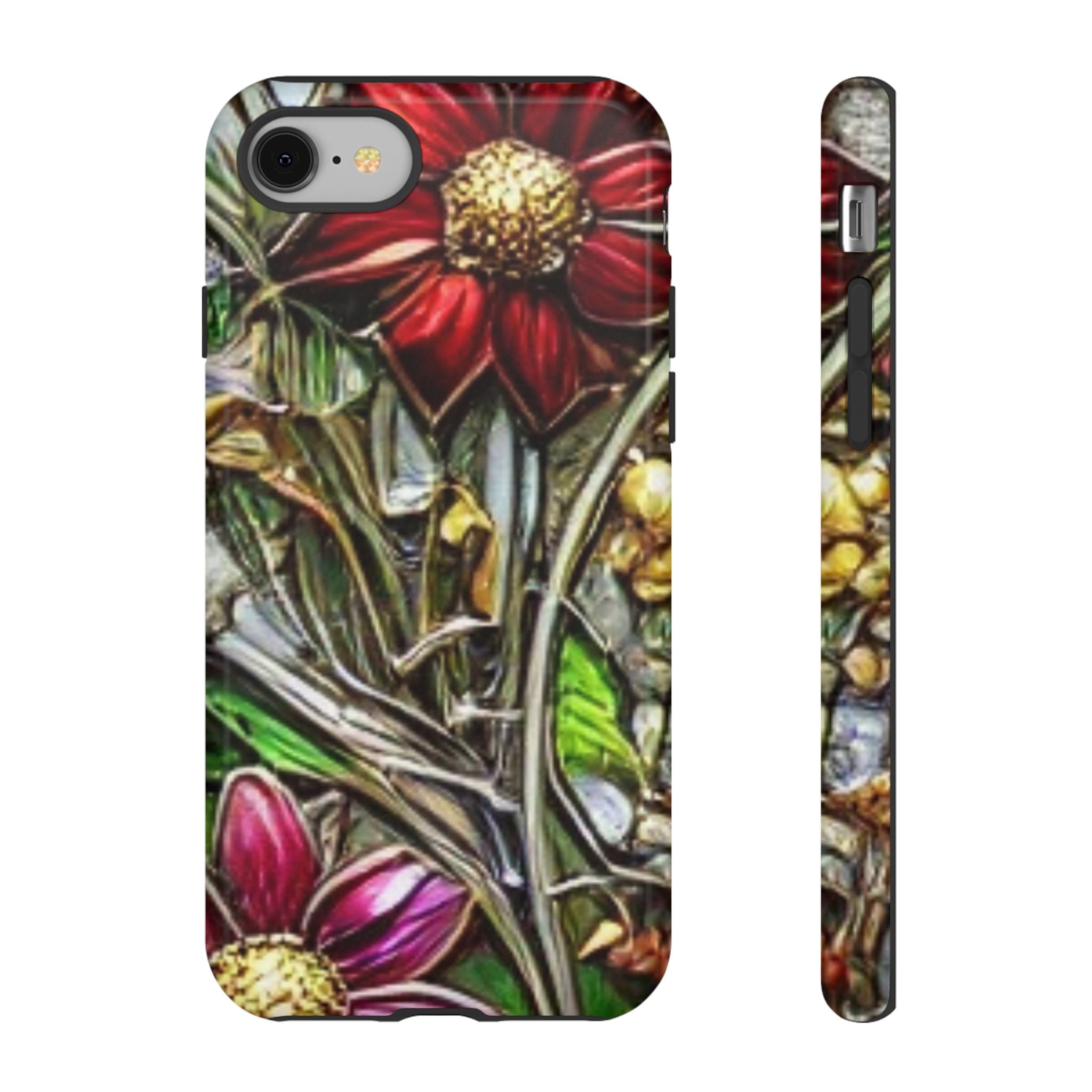 Floral Stained Glass Phone Case – Metallic Red & Purple Flower Design