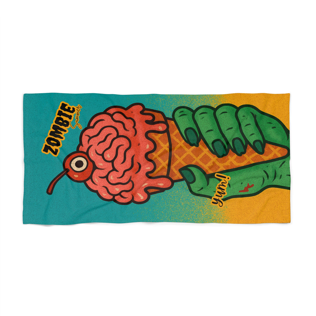 Summerween Zombie Ice Cream Beach Towel — Zombie Brains Summer Vibes | Funny Halloween Pool Party Gift for Surfers & Skaters