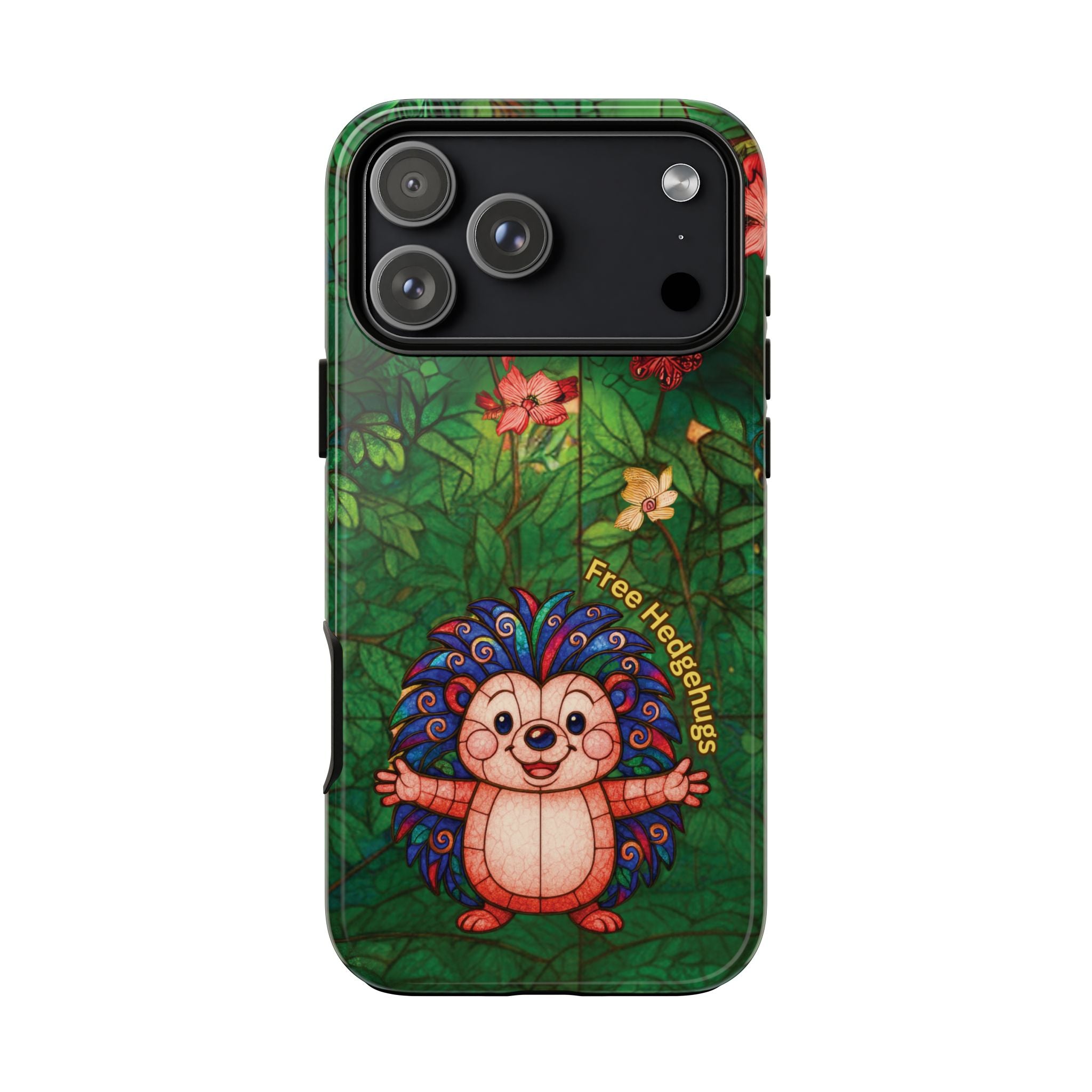 Stained Glass Hedgehog Phone Case – "Free Hedgehugs" Floral Design