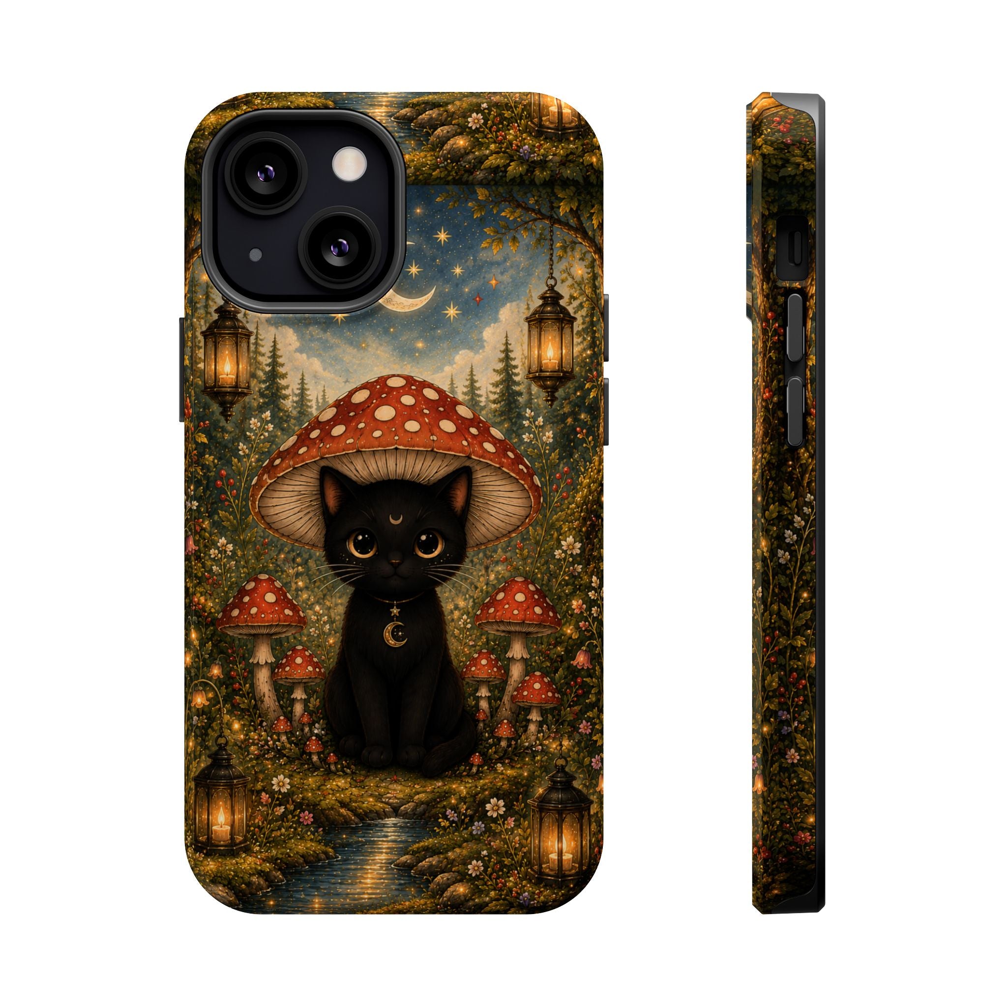 Black Cat & Mushroom Phone Case – Magical MagSafe-Compatible Cover
