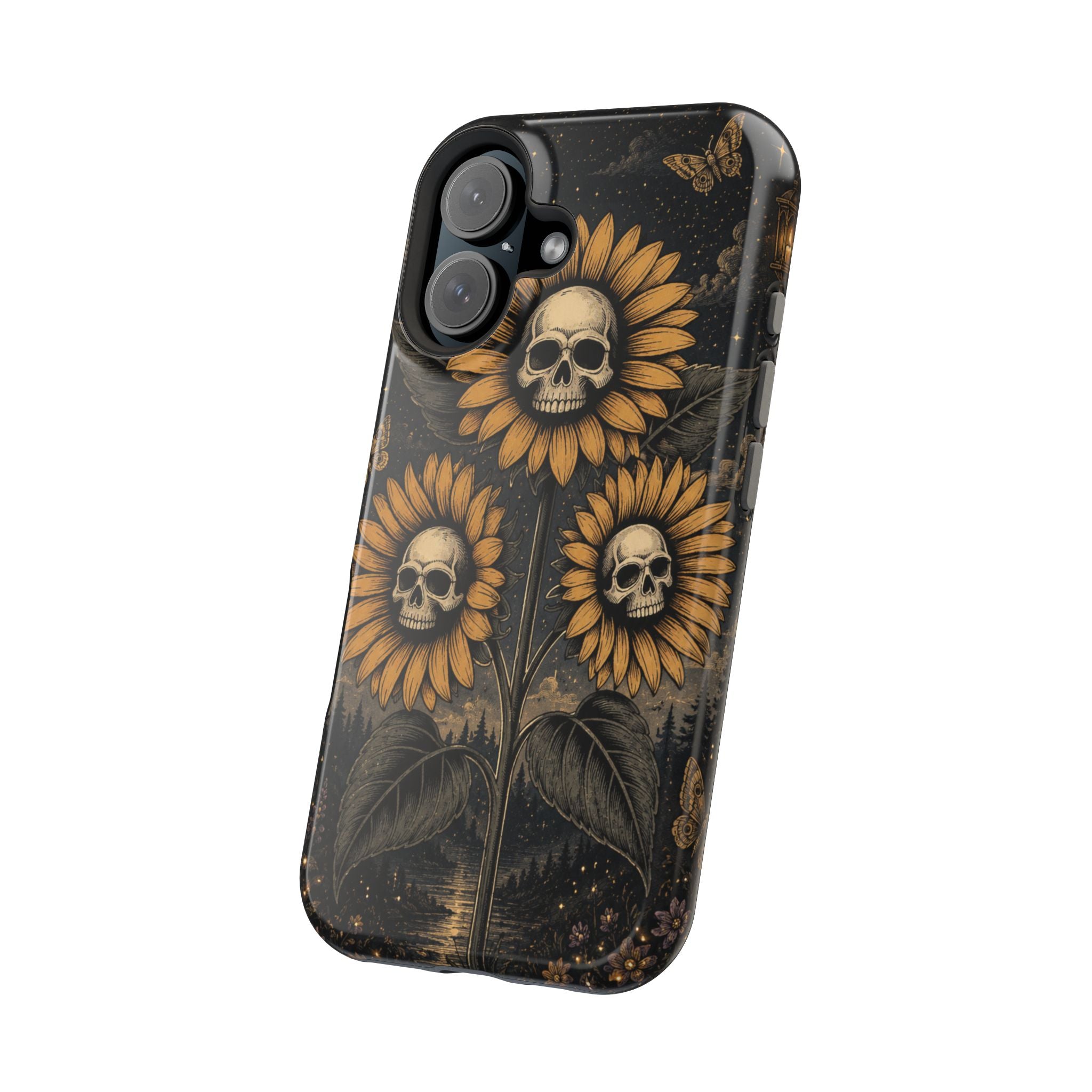 Skull Sunflowers Phone Case – Dark Floral MagSafe-Compatible Cover