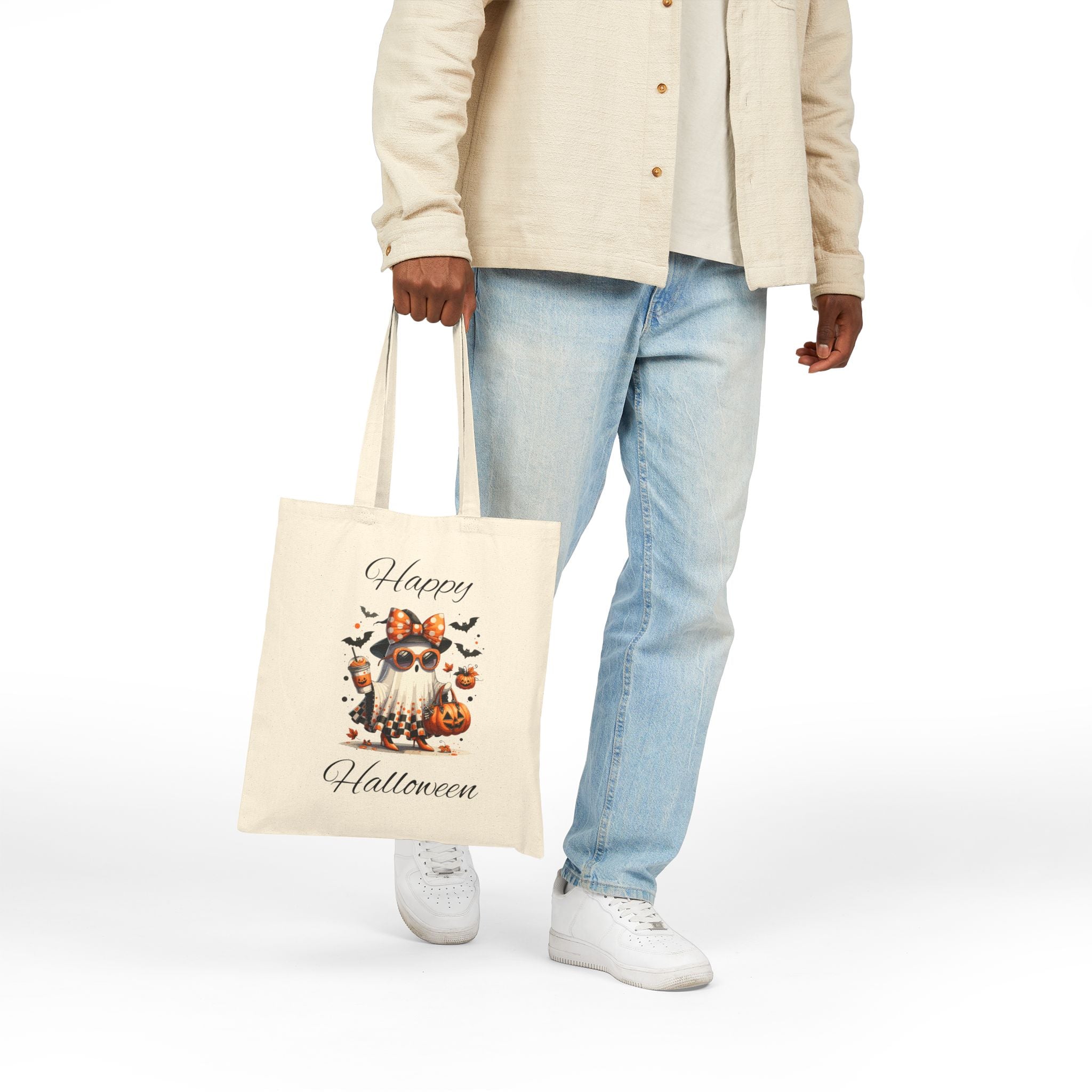 Cotton Canvas Halloween Trick or Treat Tote Bag, Fall Decor Reusable Shopping Bag Bougie Ghost Design Teacher Gift Sturdy Student Laptop Bag