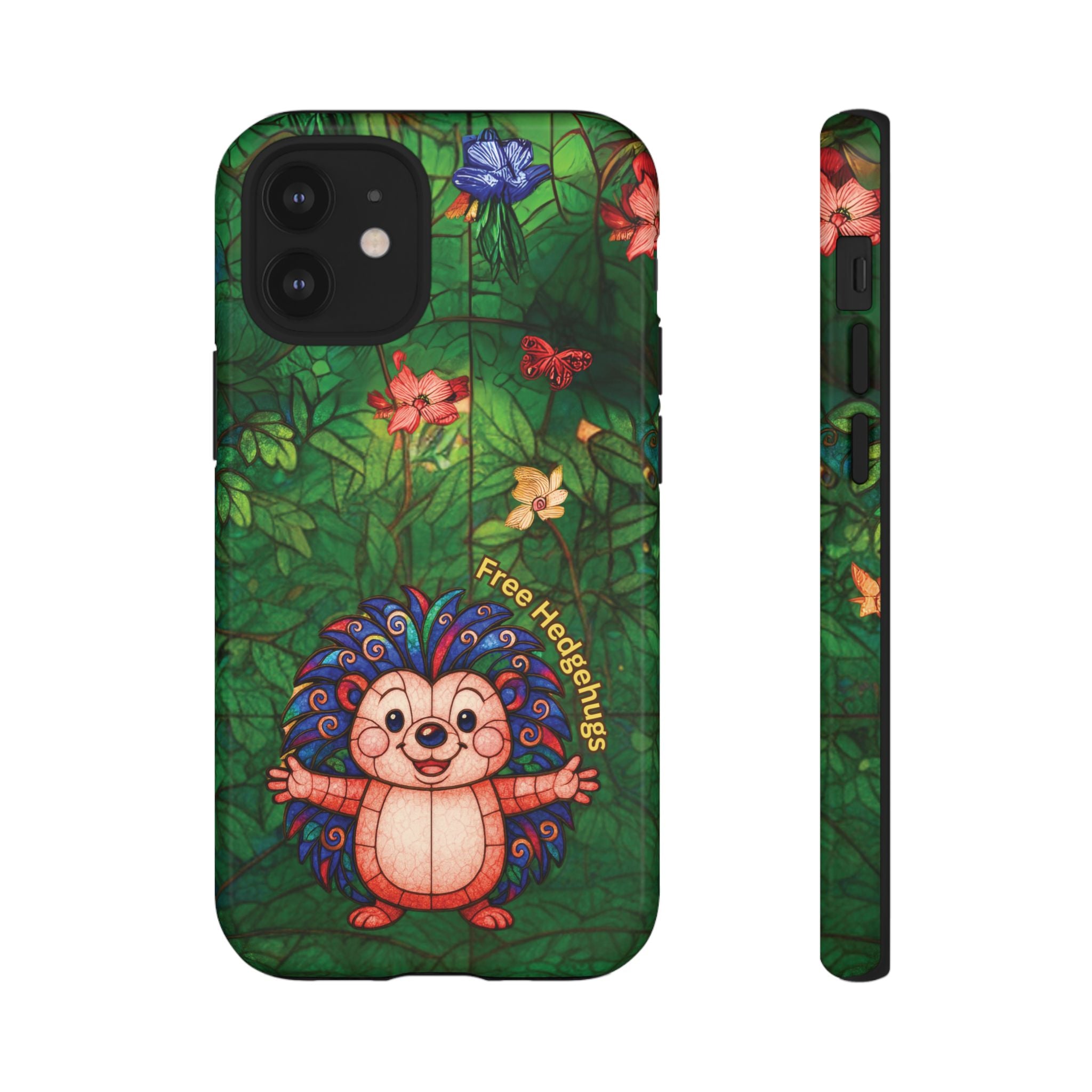 Stained Glass Hedgehog Phone Case – "Free Hedgehugs" Floral Design