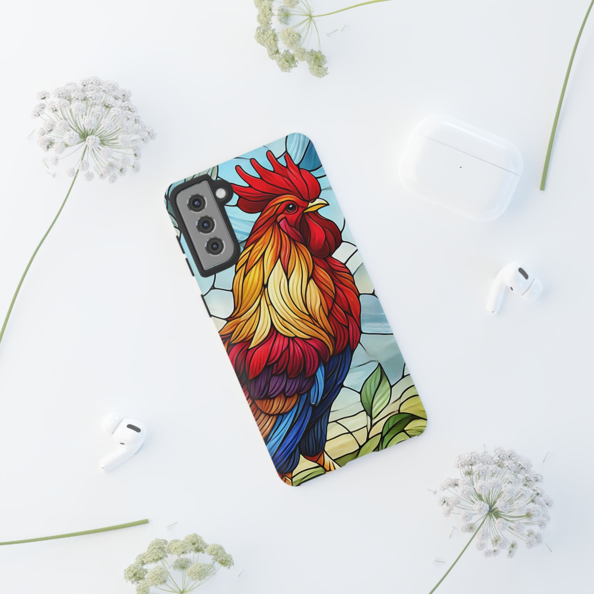 Rooster Faux Stained Glass Phone Case – 3D Full-Wrap Protective Cover with TPU Liner