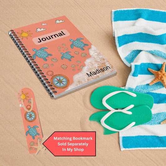 Custom Beach Turtle Journal With Matching Book Mark, Coastal Sea Life Gift For Son Daughter, Personalized Ocean Lovers Poem Notebook Diary