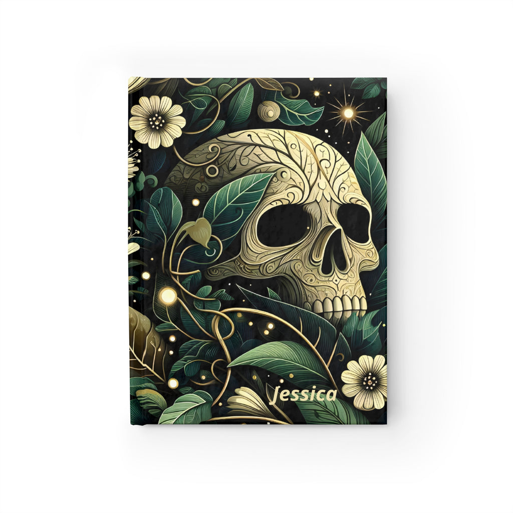 Personalized Botanical Skull Journal — Custom Name Floral Skull Hardcover Notebook | Blank Pages, Dark Green Day of the Dead Gift
