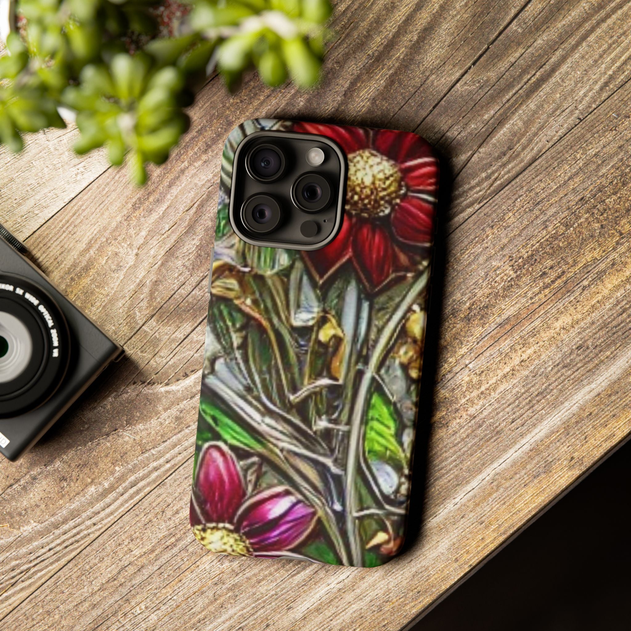 Floral Stained Glass Phone Case – Metallic Red & Purple Flower Design