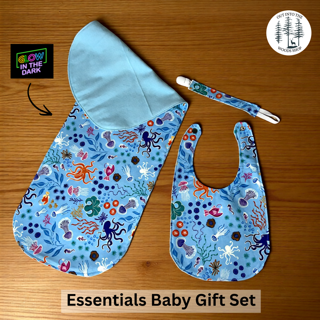 Blue Glow in the Dark Ocean Baby Gift Set – Handmade Bib, Burp Cloth & Pacifier Holder for Newborns (0–3 Months)