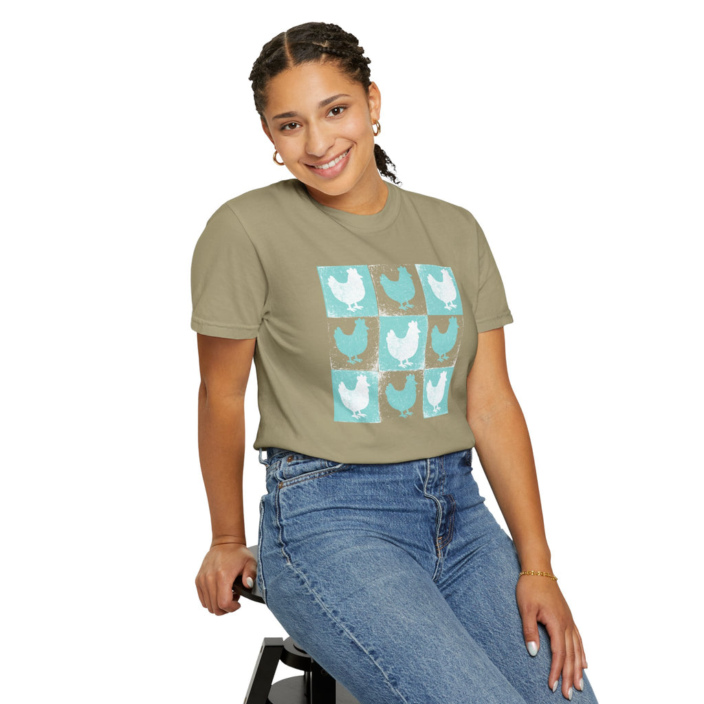 Whimsical Chicken Art T-Shirt, Checkerboard Rooster Shirt , Chicken Lover Tee