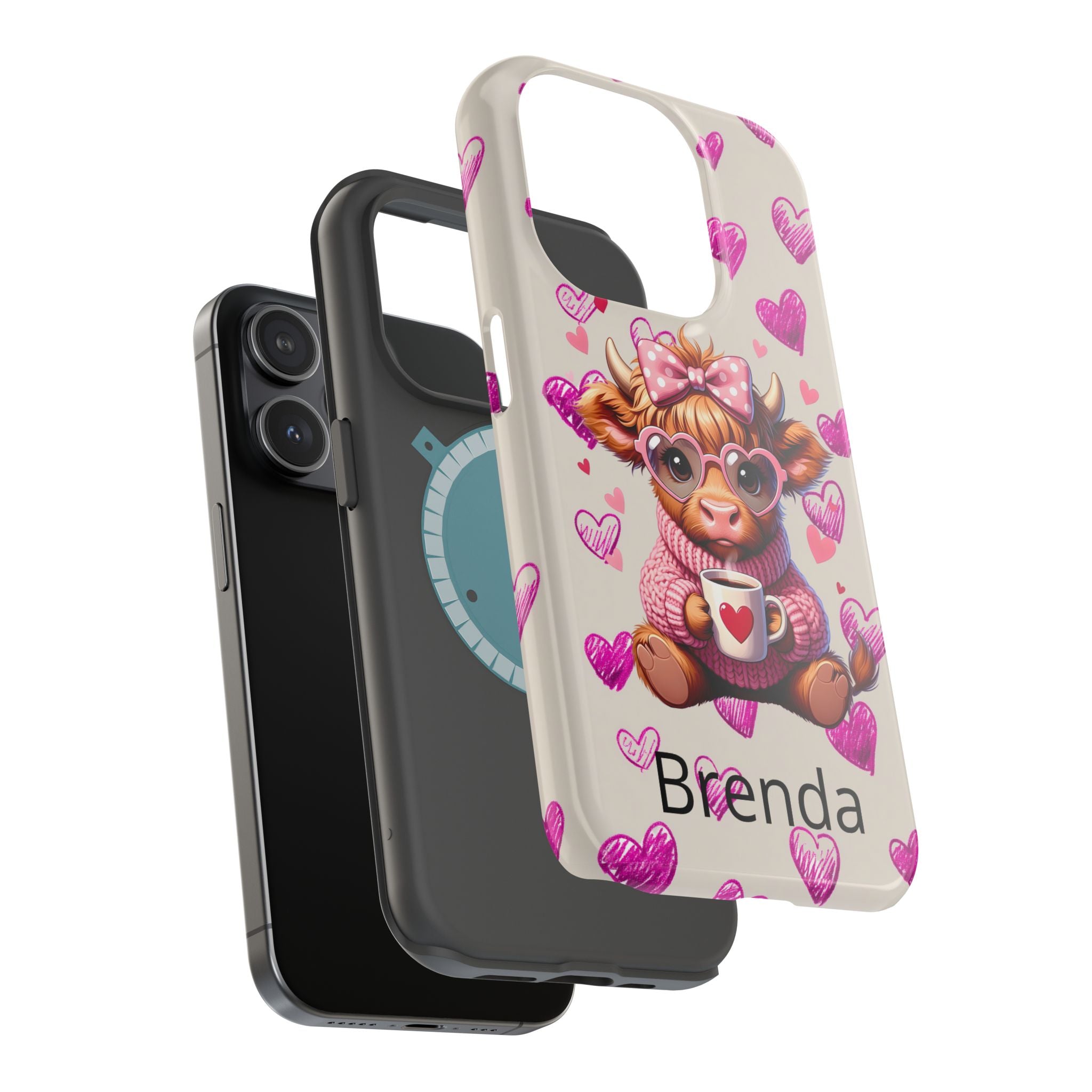 Highland Cow With Pink Hearts iPhone Case, Valentines Magnetic Impact-Resistant Case