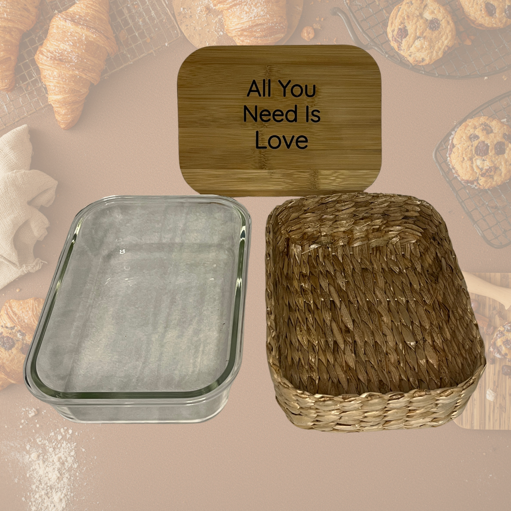 "All You Need Is Love" Glass Food Storage Container with Engraved Bamboo Lid & Wicker Basket – 51.4 oz