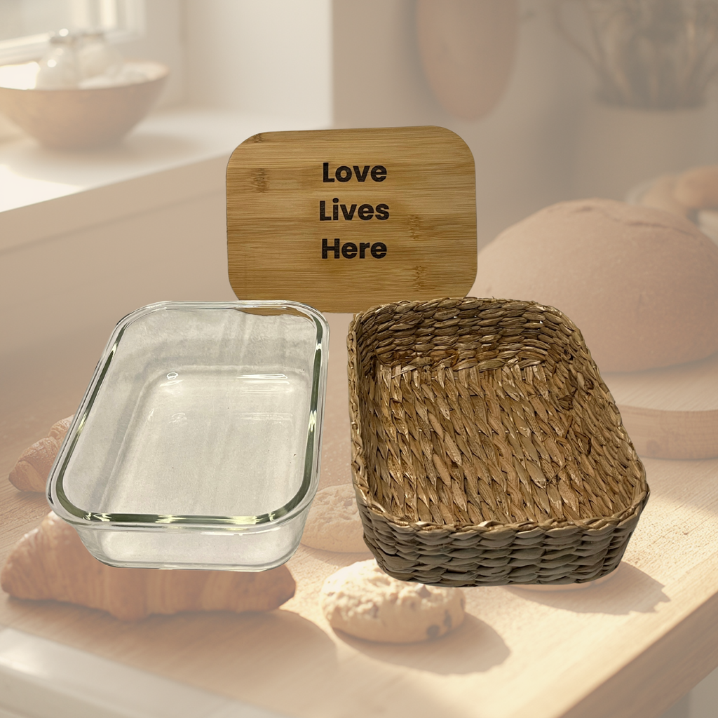 "Love Lives Here" Glass Food Storage Container with Engraved Bamboo Lid & Wicker Basket – 51.4 oz (Copy) (Copy)