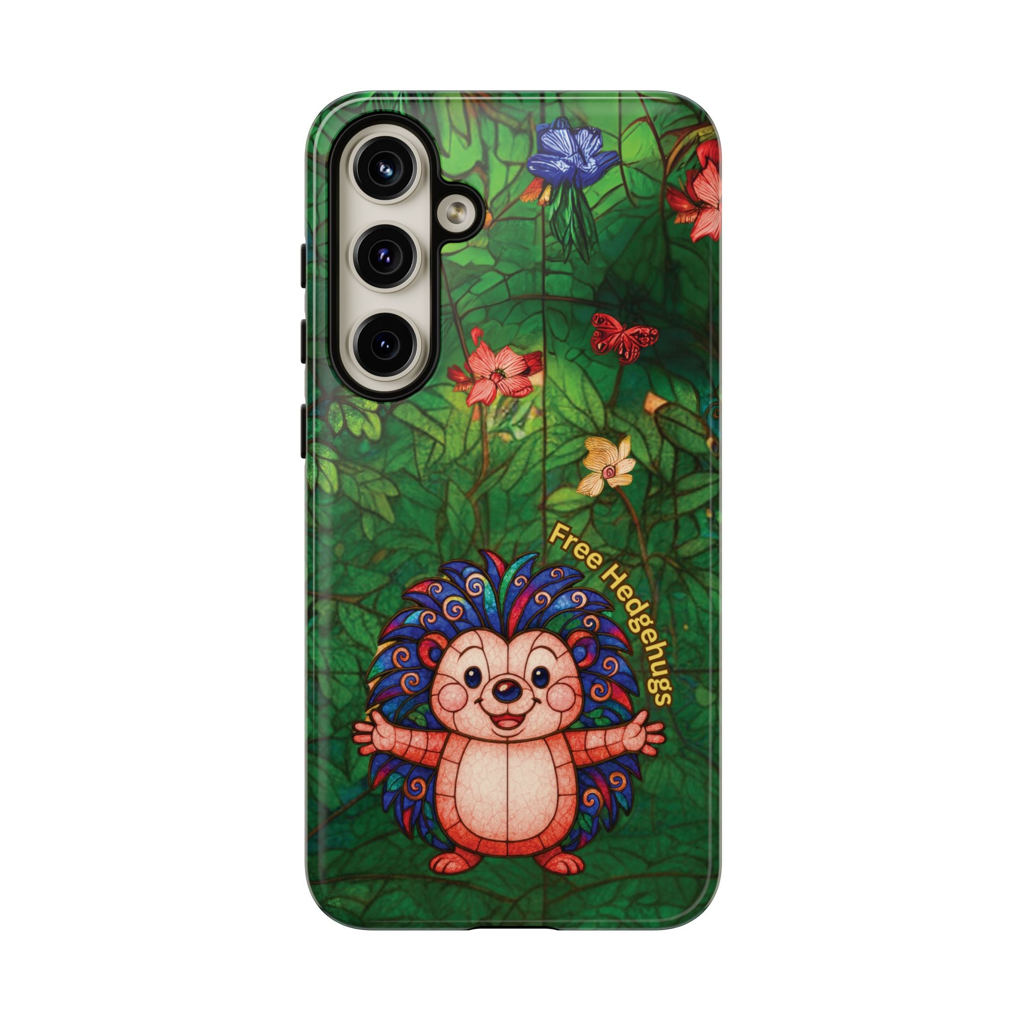 Stained Glass Hedgehog Phone Case – "Free Hedgehugs" Floral Design