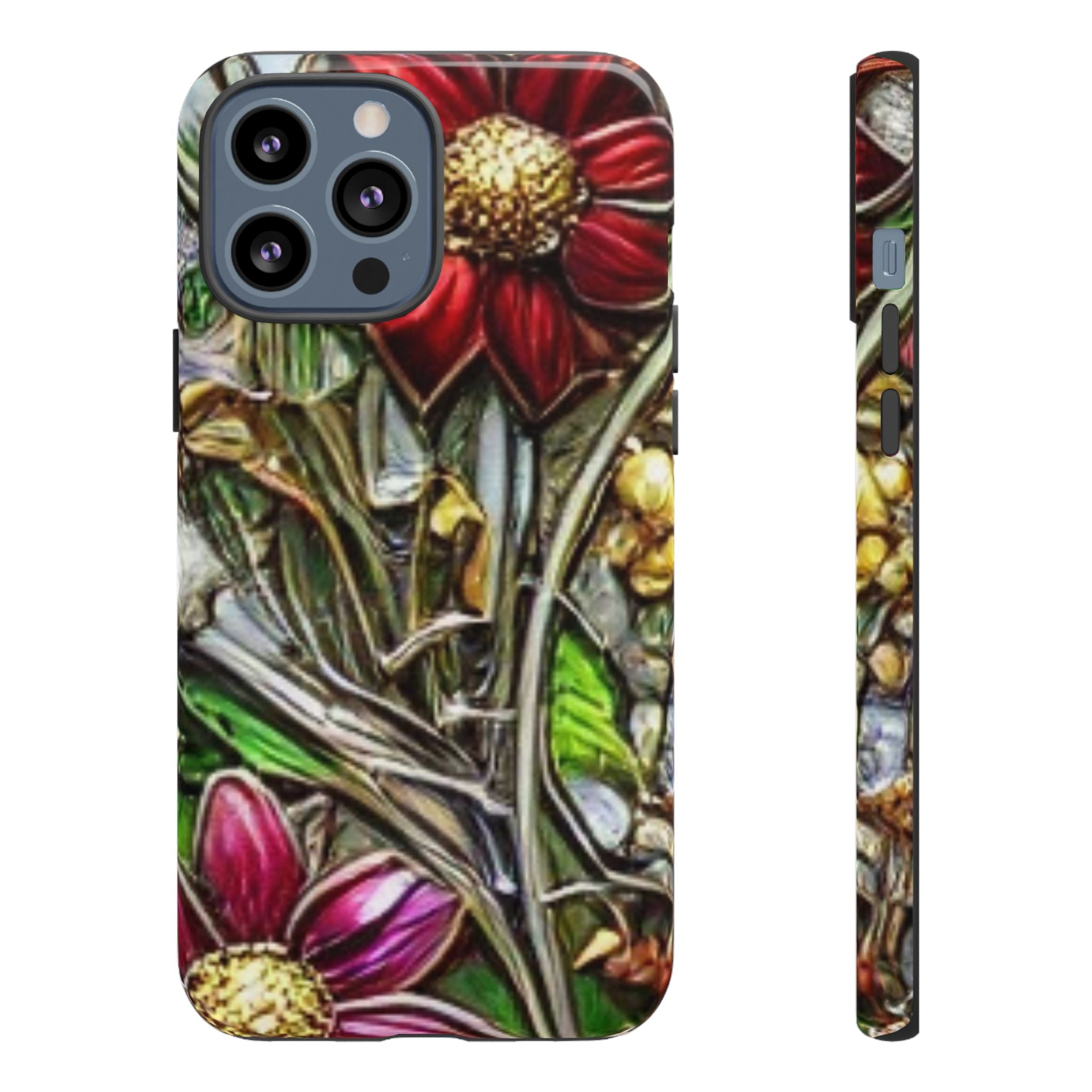 Floral Stained Glass Phone Case – Metallic Red & Purple Flower Design