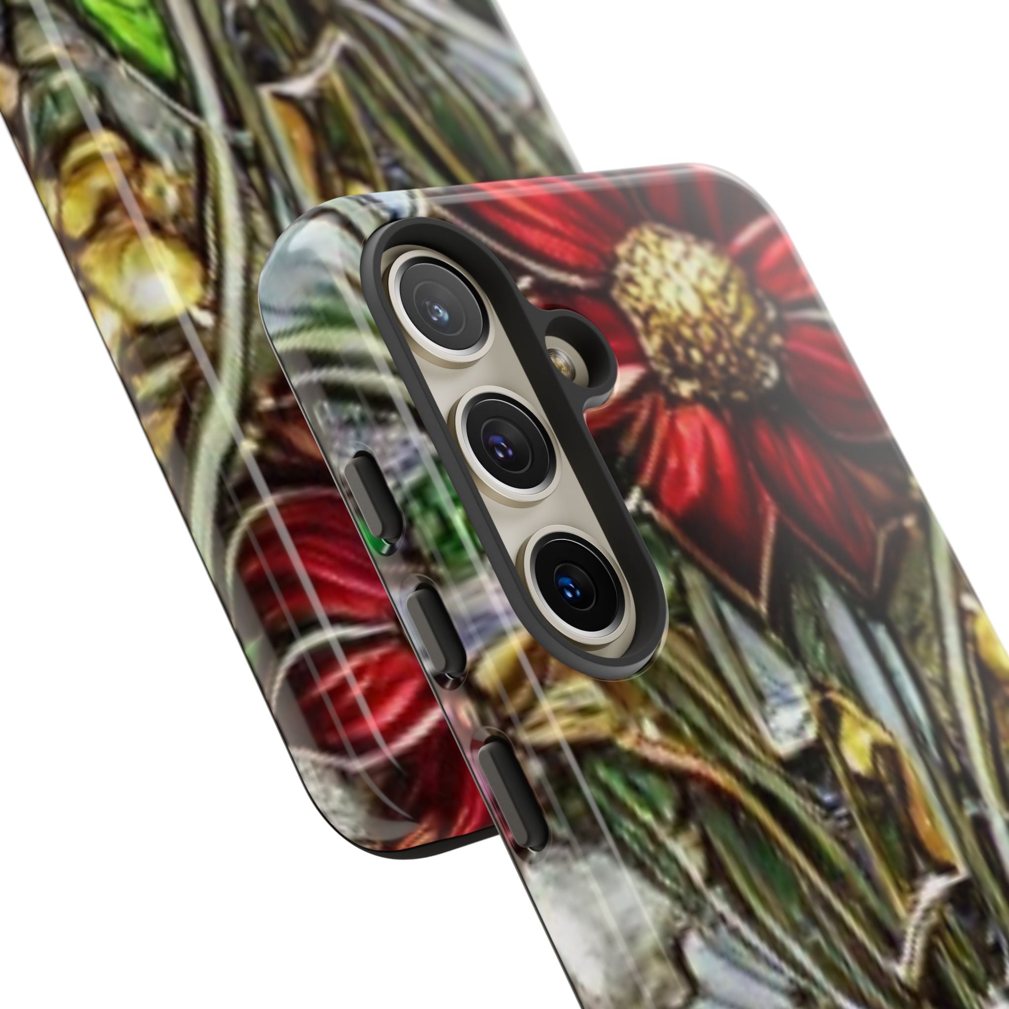 Floral Stained Glass Phone Case – Metallic Red & Purple Flower Design